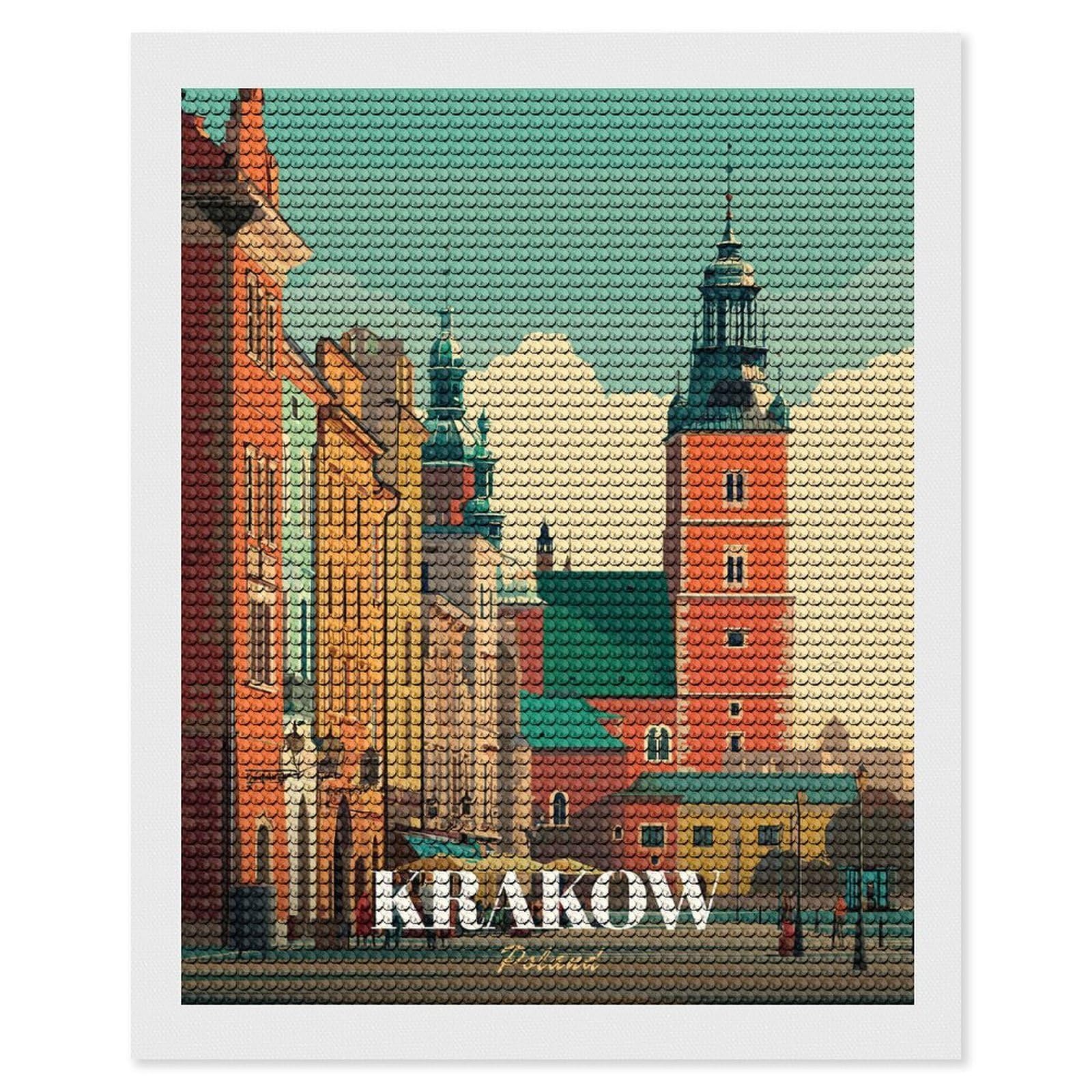Junmoney Krakow, Poland Cityscape Illustration(2) Round Drill Diamond Painting 16"x20", for Women, Relaxing DIY Hobby, Bedroom Decor, Christmas Gift, Adhesive Canvas