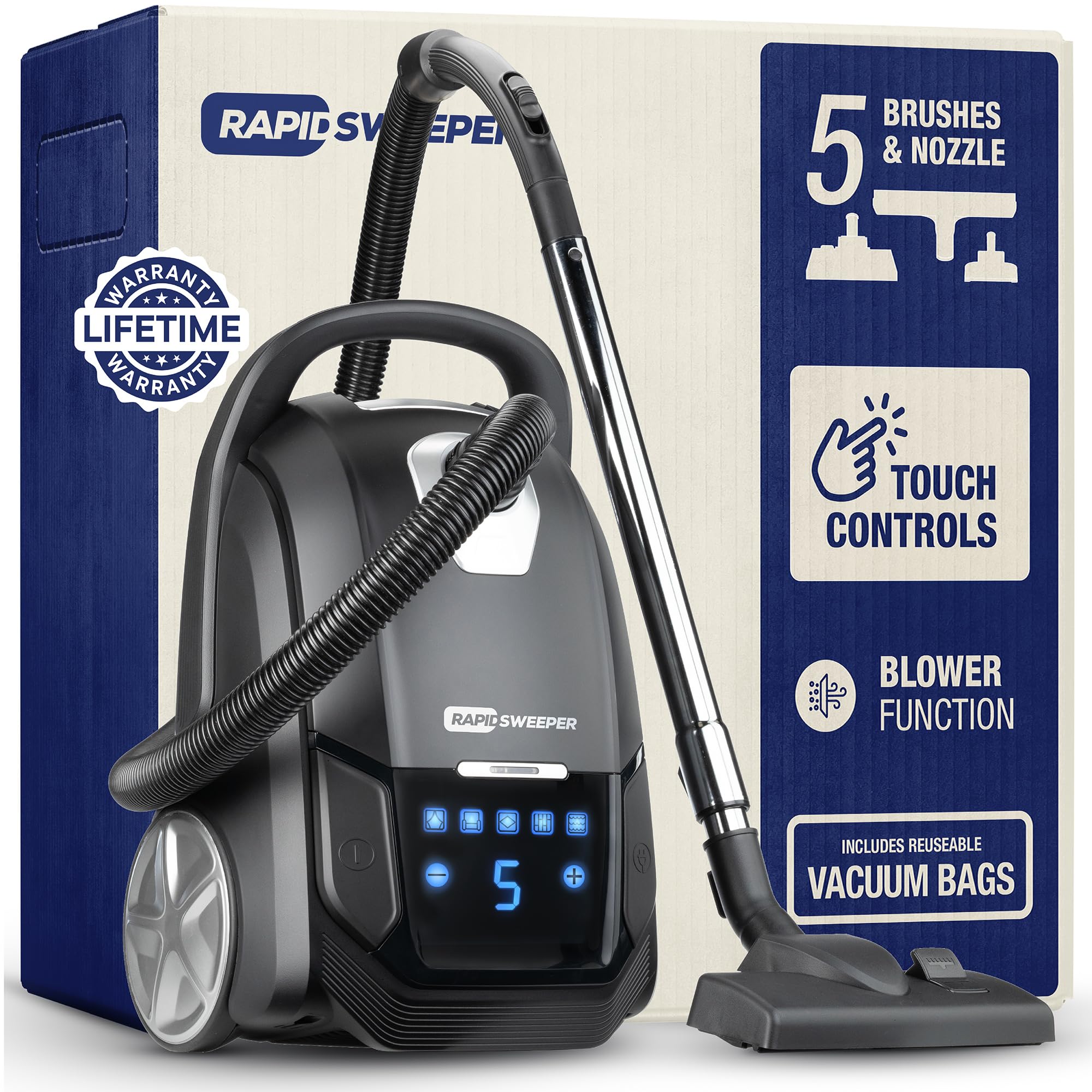 RapidSweeper Bagged Canister Vacuum Cleaner & Blower for Home - Washable HEPA Filter - 5L Capacity - 5 Speeds - for Hardwood & Low-Medium Pile Carpet - Lightweight - Retractable Cord