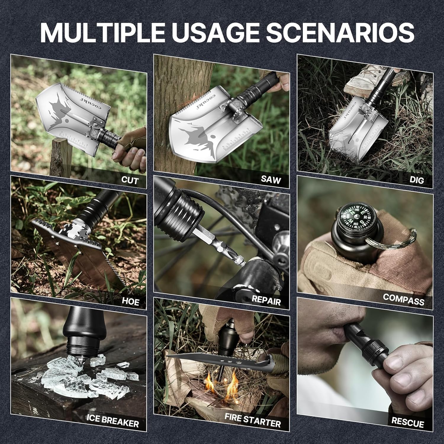 Camping Shovel Survival Kit, 2.0 Version One-Click Conversion Military Grade Multifunctional Folding Tactical Shovel with Titanium Backpacing Trowel for Camping, Emergency, Gardening, Hiking