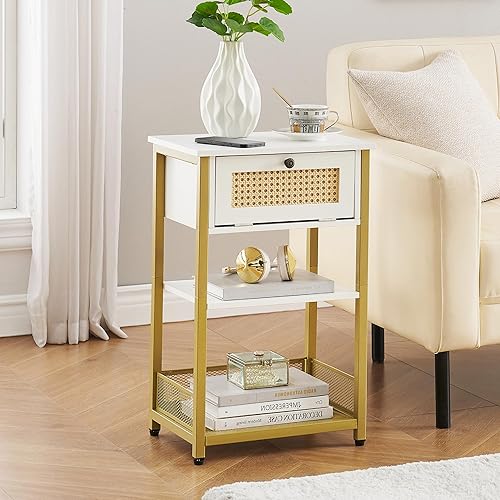 Miniatura 5 de J-yaamiZz Mesa auxiliar con estación de carga, puertos USB y tomacorrientes, cajón y estante de almacenamiento de 2 niveles, mesa auxiliar para sala