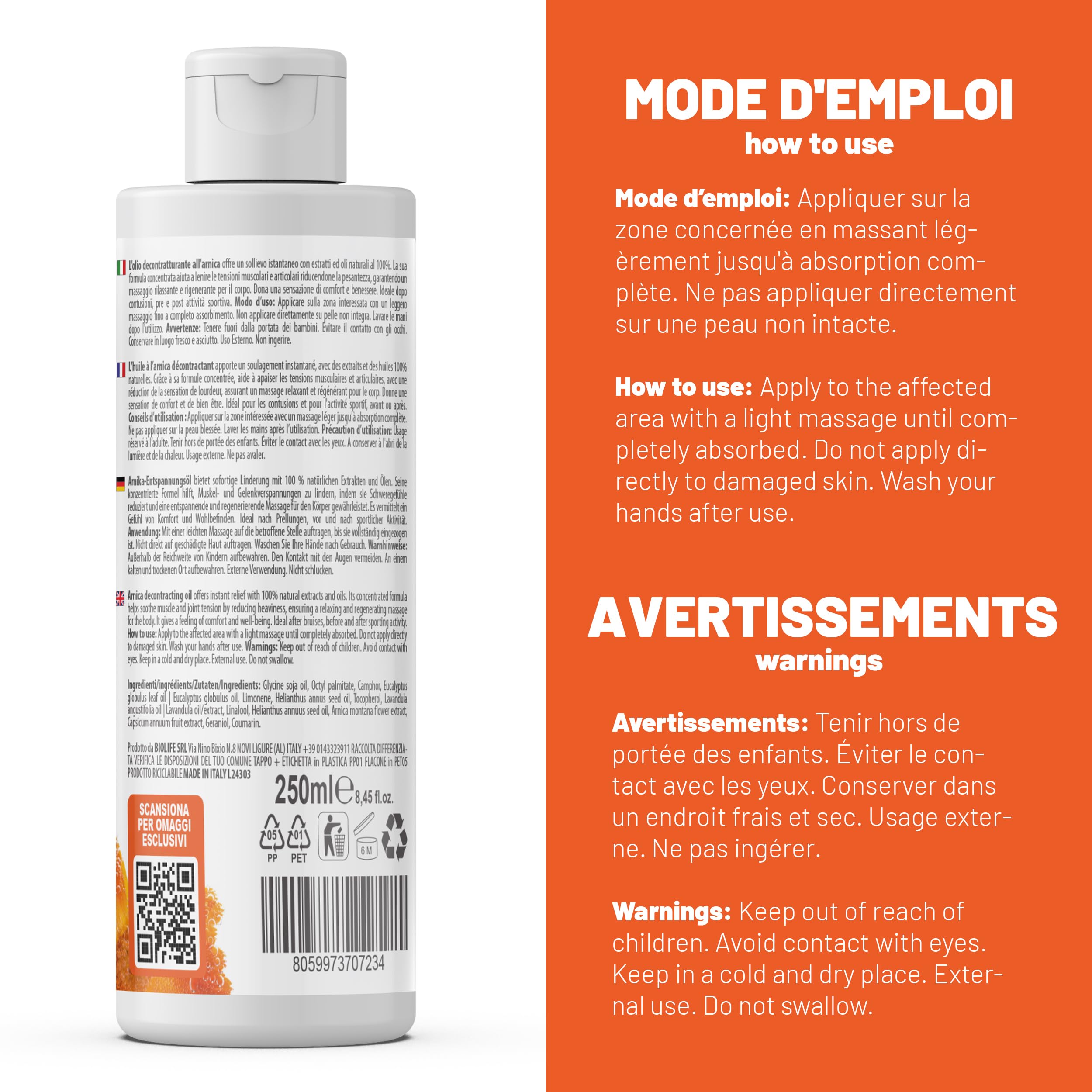 Huile Arnica Très Forte pour Massages Relaxants et Décontracturants, Huile Idéale pour les Tensions Musculaires et les Sportifs avec Camphre Réchauffant, Lavande et Eucalyptus, 250 ml - FITOATTIVI