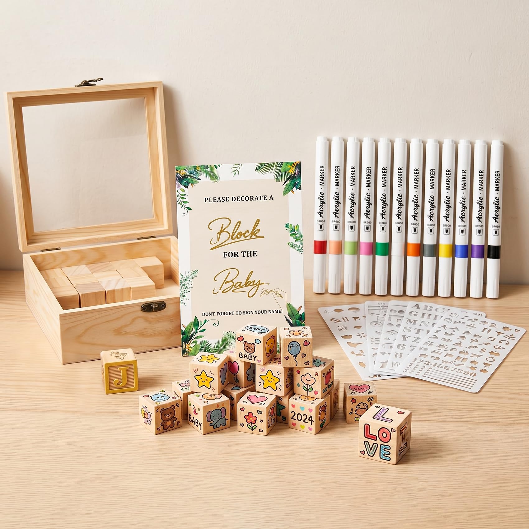 FONCOOD Baby Shower Games Sign Kit for Painting – 48 Blocks, 12 Pens & 5 Stencils, Interactive 3D Guest Book Alternative, Unisex Activity for Boy or Girl, Thank You Gifts for Guests