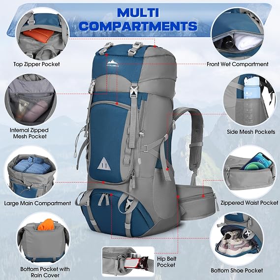 IGOLUMON 60L Hiking Backpack with Rain Cover Waterproof Large Camping Rucksack Backpacking Backpack Lightweight Trekking Walking Backpack Travel Rucksack for Outdoor Sports
