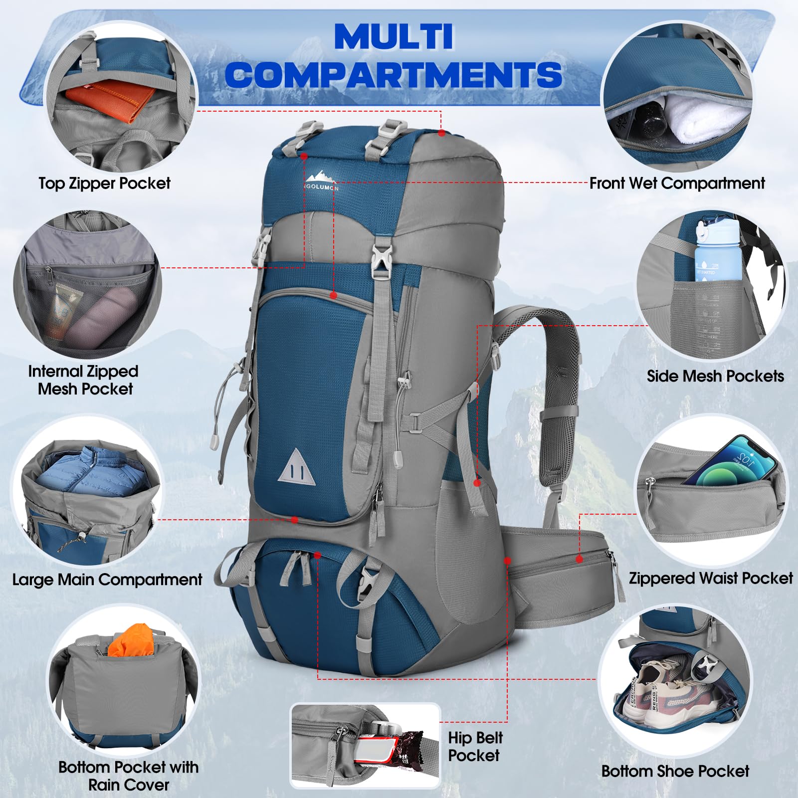 IGOLUMON Plecak trekkingowy, 60 l, plecak trekkingowy, dla mężczyzn i kobiet, plecak podróżny, duży plecak z pokrowcem przeciwdeszczowym, na kemping, trekking, do wspinaczki, podróży na świeżym
