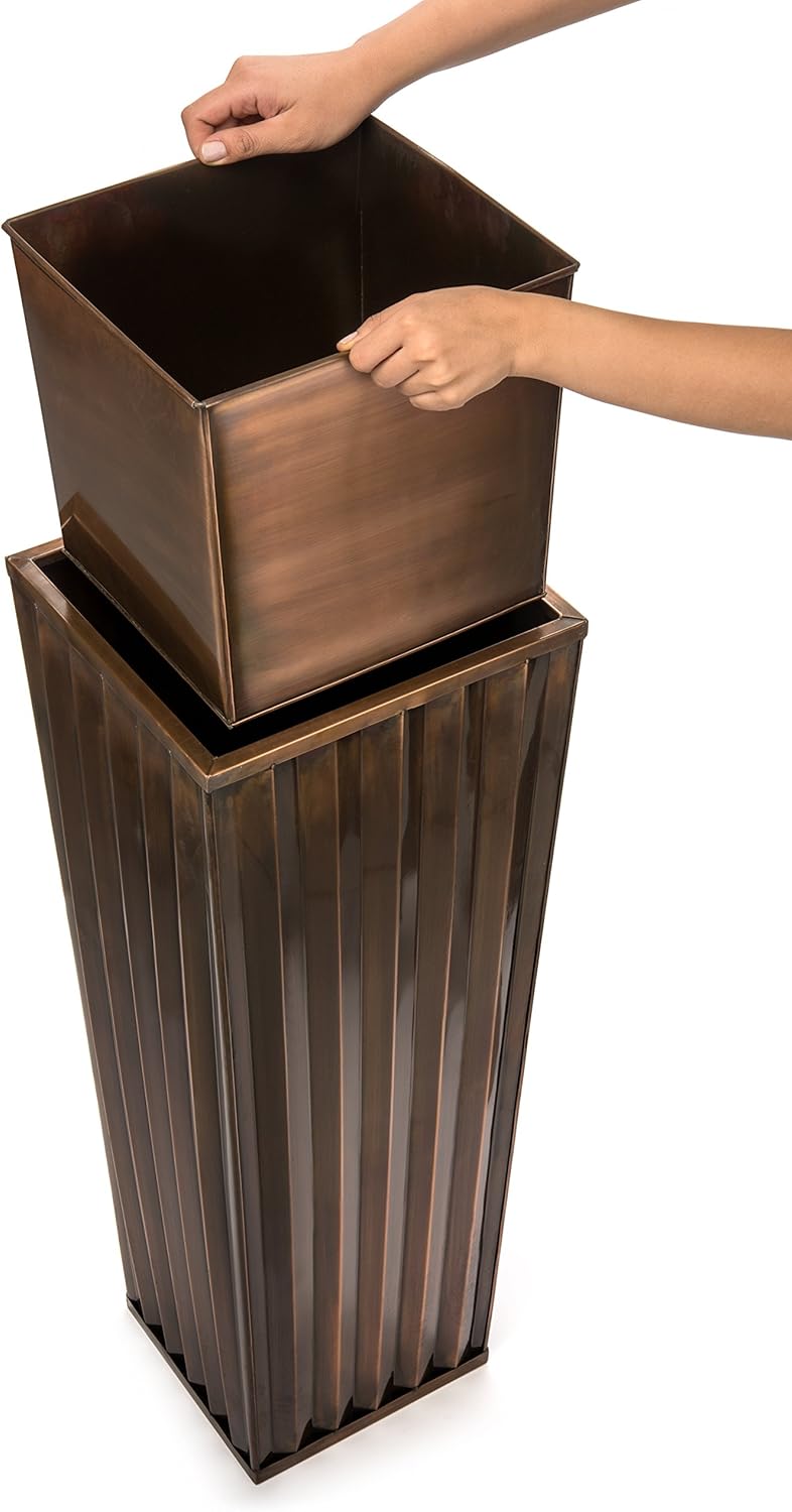 H Potter Tall Ribbed Copper Planters Set of 2 Indoor Outdoor – Antique Copper Stainless Steel Floor Planters with Inserts & Drainage – Large Decorative Entryway Patio Porch Planter Set