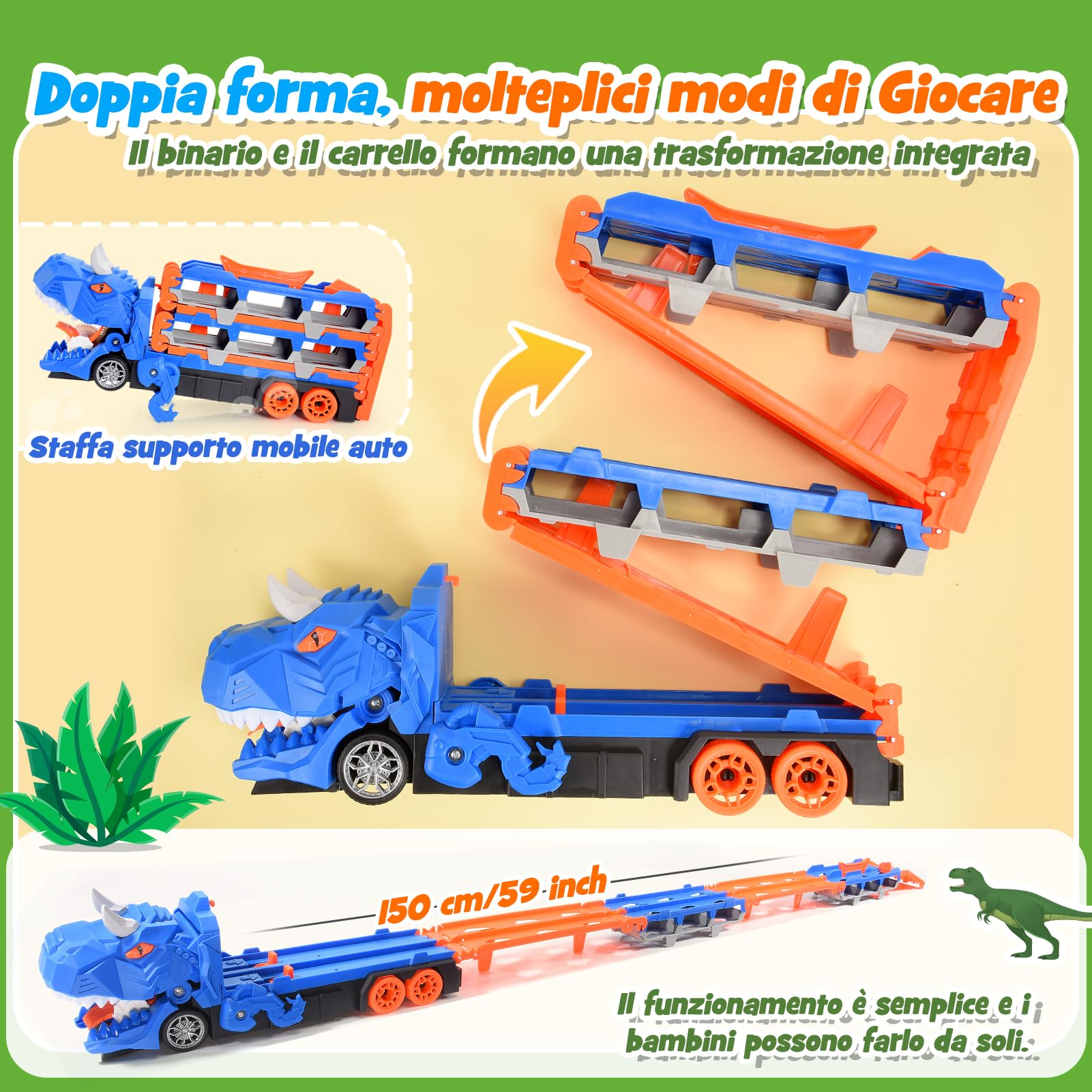 iKidiki Dinosauri Camion Macchinine per Bambini, Gioco Bambino 2 3 4 5 Anni Dinosauri per Bambini Regalo Bambino 2 3 4 5 Anni Camion Giocattolo per Bambini, Traccia Car con 6 Auto da Corsa in Lega