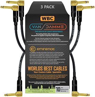 3 Units - 30 CM - Van Damme Pro Grade Classic XKE - Premium, Ultra-Flexible Multi-Shielded Guitar Bass Instrument Effects Pedal Patch Cable w/Eminence R/Angled Gold ¼ inch TS Plugs & Staggered Boots