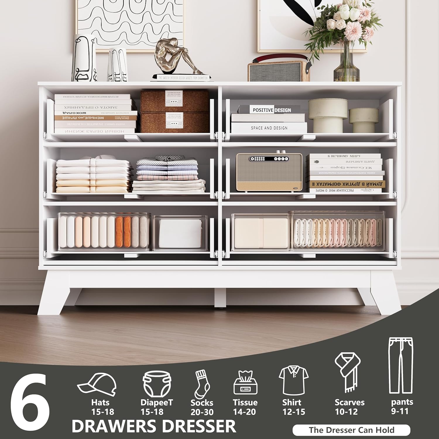 6 Drawer Dresser for Bedroom, Fluted White Dresser Chest of Drawers with Gold Handle, Mid Century Modern Dressers for Closet, Bedroom Chest Storage Organizer for Living Room, Hallway