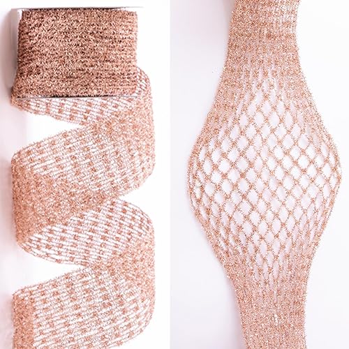 Miniatura 7 de Cinta de malla metálica con purpurina elástica de oro rosa con alambre de 2.5 a 7 pulgadas de ancho para árbol de Navidad, decoración del hogar,