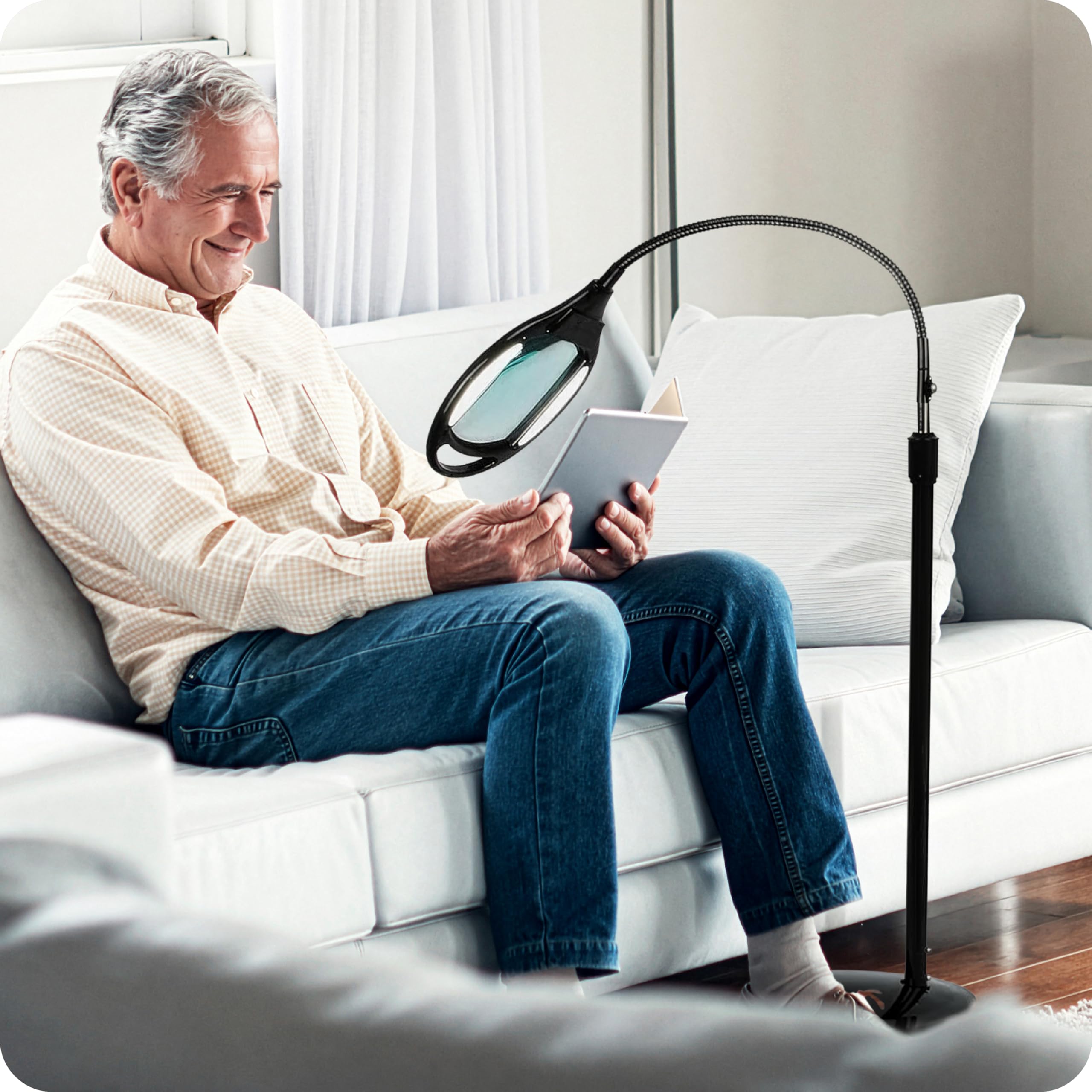 Brightech LightView Pro - Lampada da terra con ingrandimento a pagina intera - Lente d'ingrandimento a mani libere con luce a LED brillante per la lettura-Collo d'oca flessibile mantiene la posizione