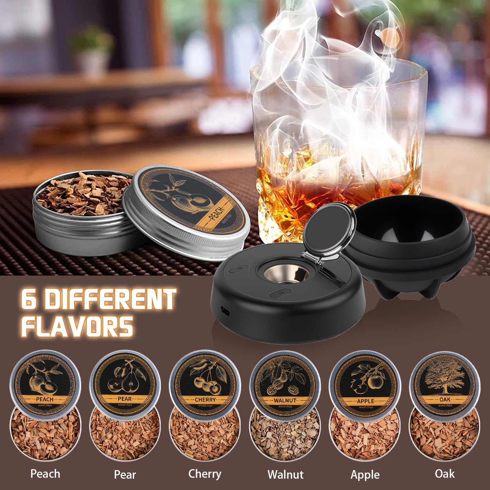 Zestaw do wędzenia whisky, elektryczny zestaw do wędzenia koktajli z 6 aromatami drewna, światło RGB, zestaw prezentowy do whisky, napojów, kawy, prezenty do whisky dla mężczyzn, prezent urodzinowy