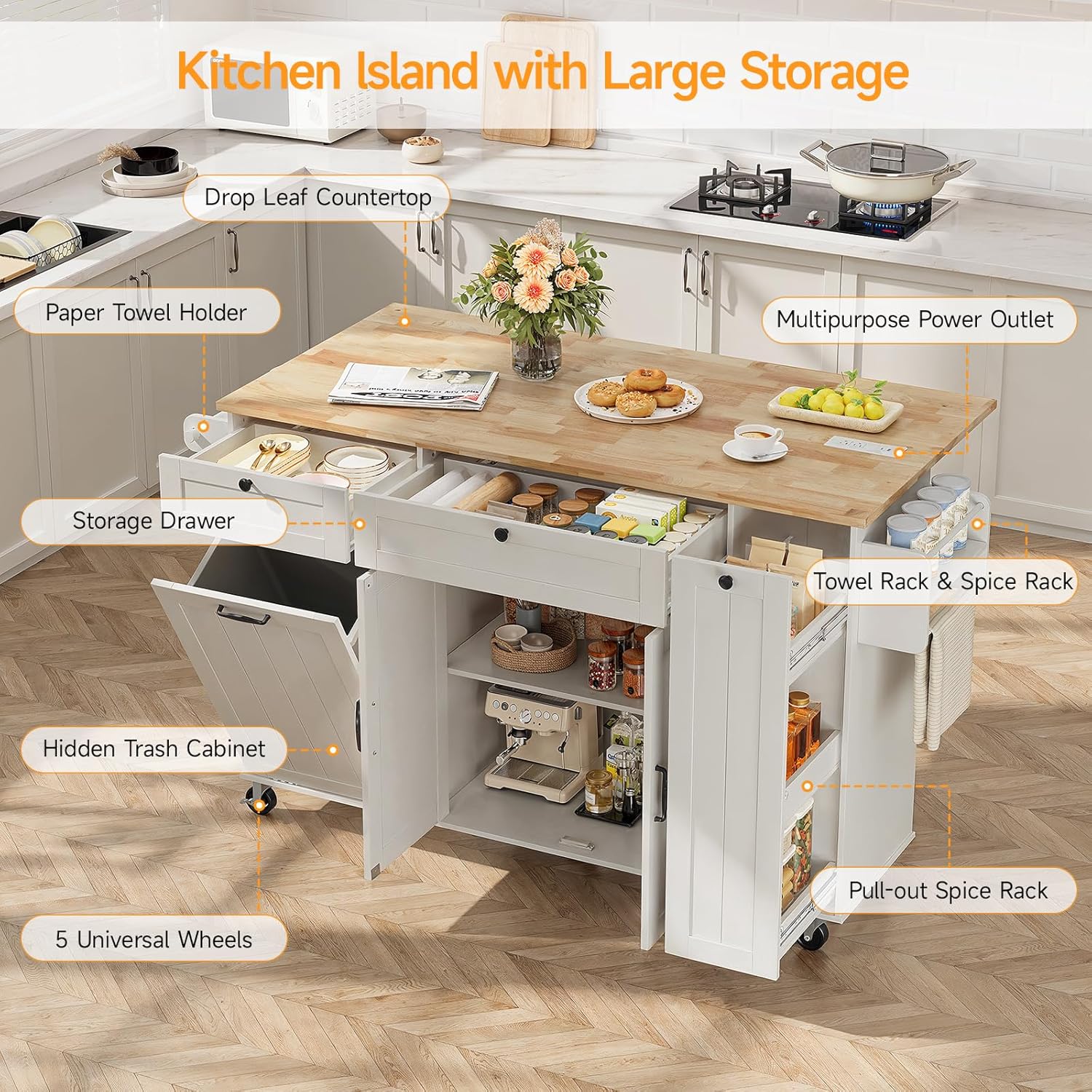 Kitchen Island with Storage, Island Table for Kitchen with Drop Leaf and Power Outlet, Rolling Kitchen Island with Trash Cabinet, Spice Rack & Towel Rack, White