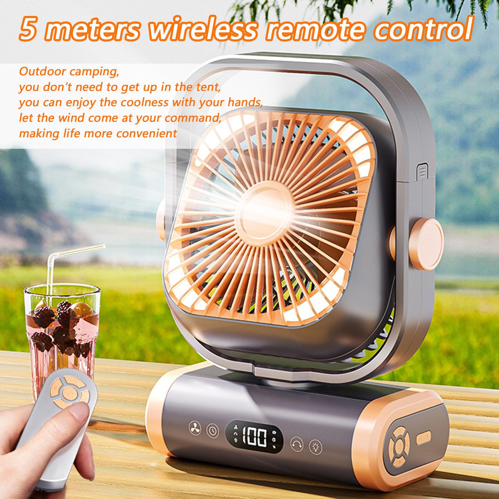 Ventilador Portátil Recargable, Ventilador con Batería De 20000mah para Acampar, Ventilador para Tienda con Control Remoto Y Luz, 5 Velocidades, 4 Tiempos,Orange