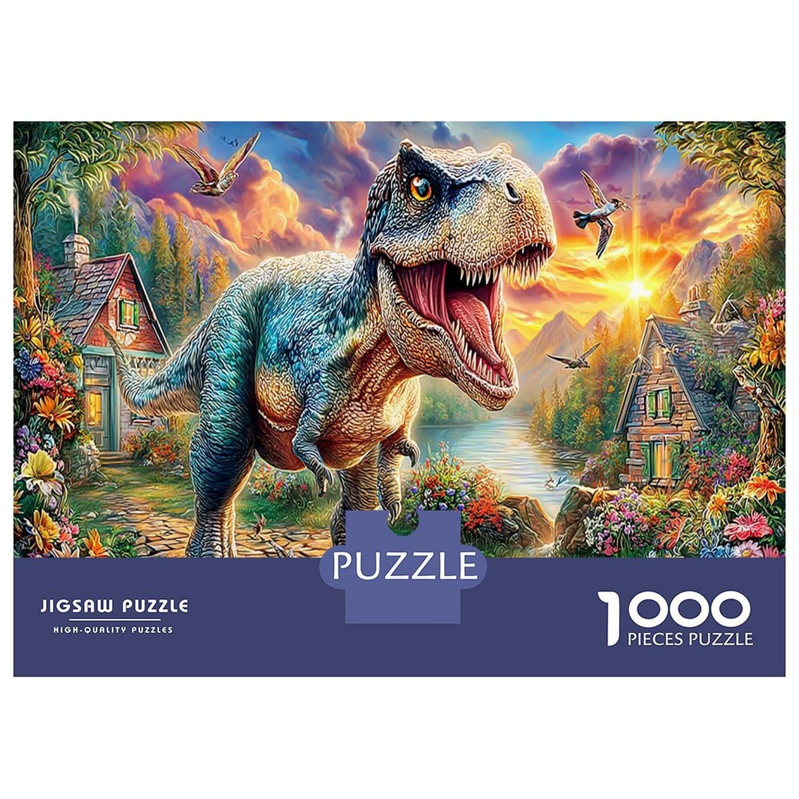 Dino Village DIY Jigsaw Puzzle 1000 PC T-Rex Sunset focusing on Logic Skill Development for Party Games, Best Gift for Puzzle Lovers 38x26cm/1000pcs