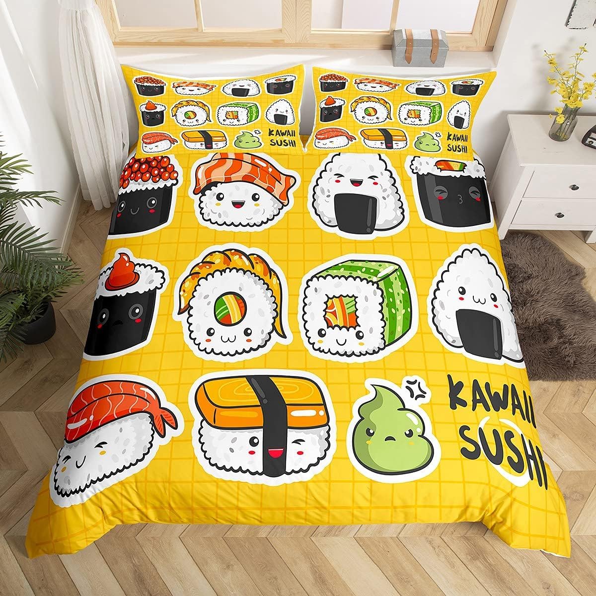 Homemissing King Cute sushi pattern for children Duvet Cover Japanese style girl cartoon Japanese sushi Comforter Cover Set breathable grid yellow grid decoration Comforter Cover Set room decoration — image 1