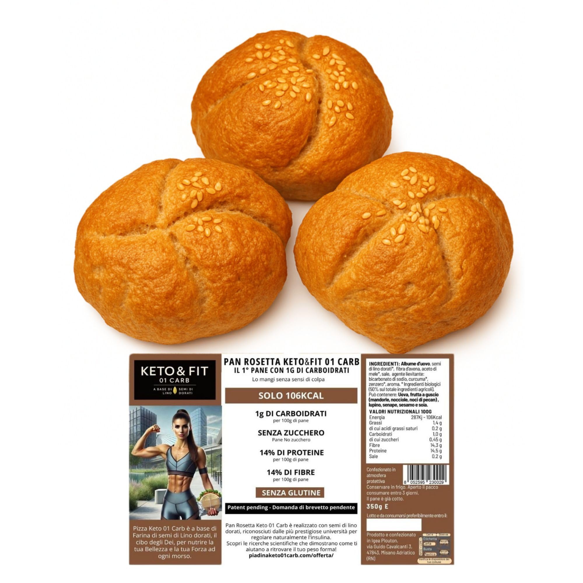 Pane KETO 01 CARB, il 1° Pane con 1g di Carboidrati, 4 Confezioni di 3 Pan Rosette da 120g