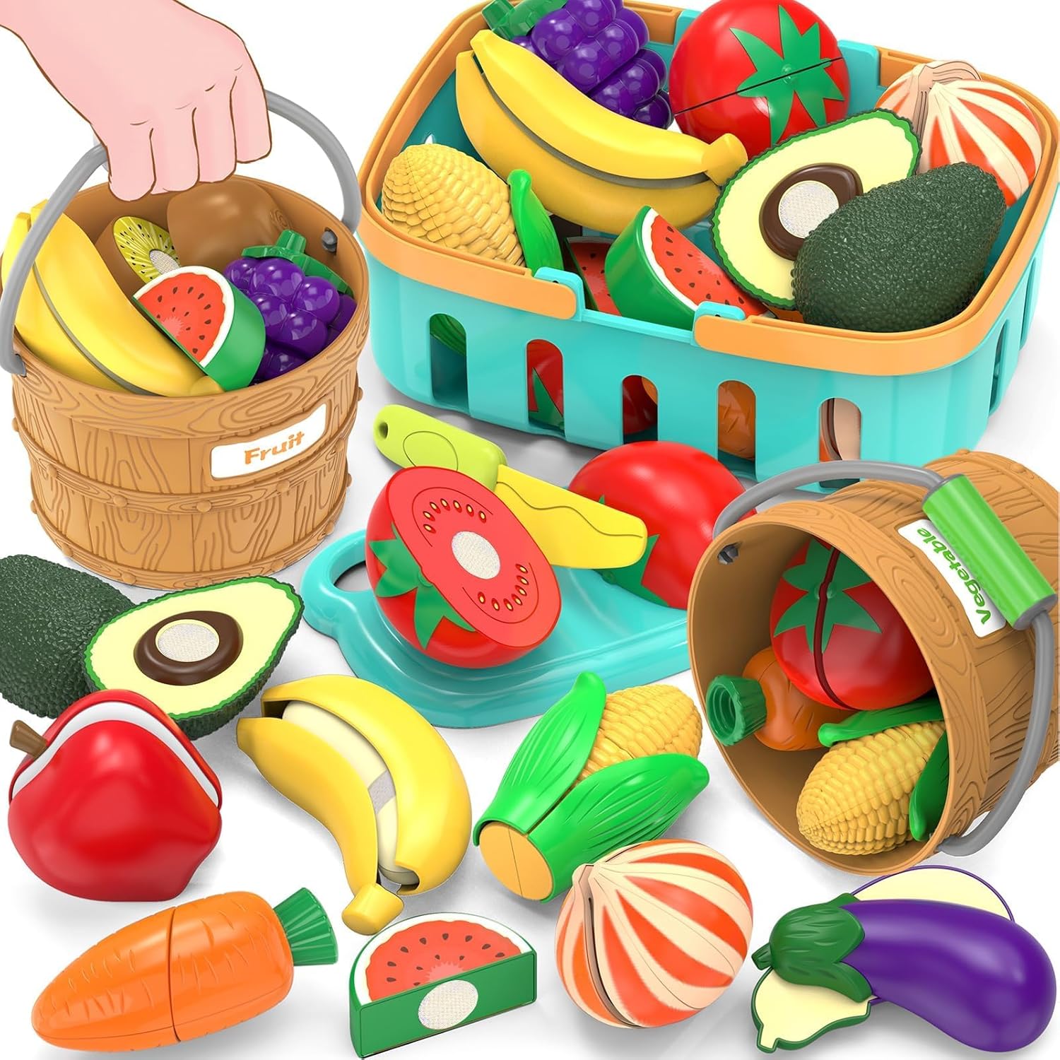 Sorting Play Food Sets - 2 Buckets, 1 Storage Basket & Cutting Play Food Toy, 2 Colors Storage Baskets(Purple&Blue), Pretend Fake Kids Kitchen Accessories for Preschool Learning, Toddler Educational