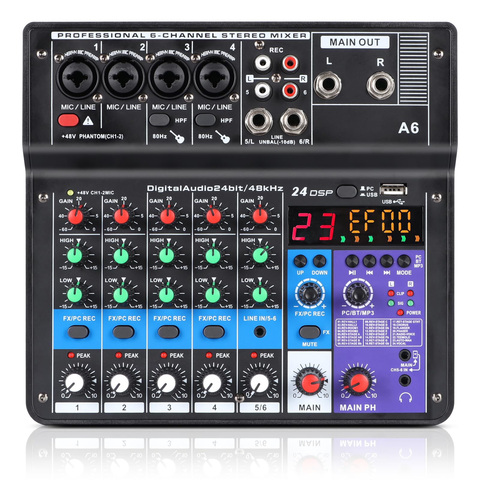 XTUGA A6 Table de Mixage Mixeur Audio 6 Canaux, Console de Mixage USB Avec Bluetooth et Alimentation Fantôme 48V, Fonction de Bouclage, Adapté Aux Spectacles, Réunions et Diffusions en Direct