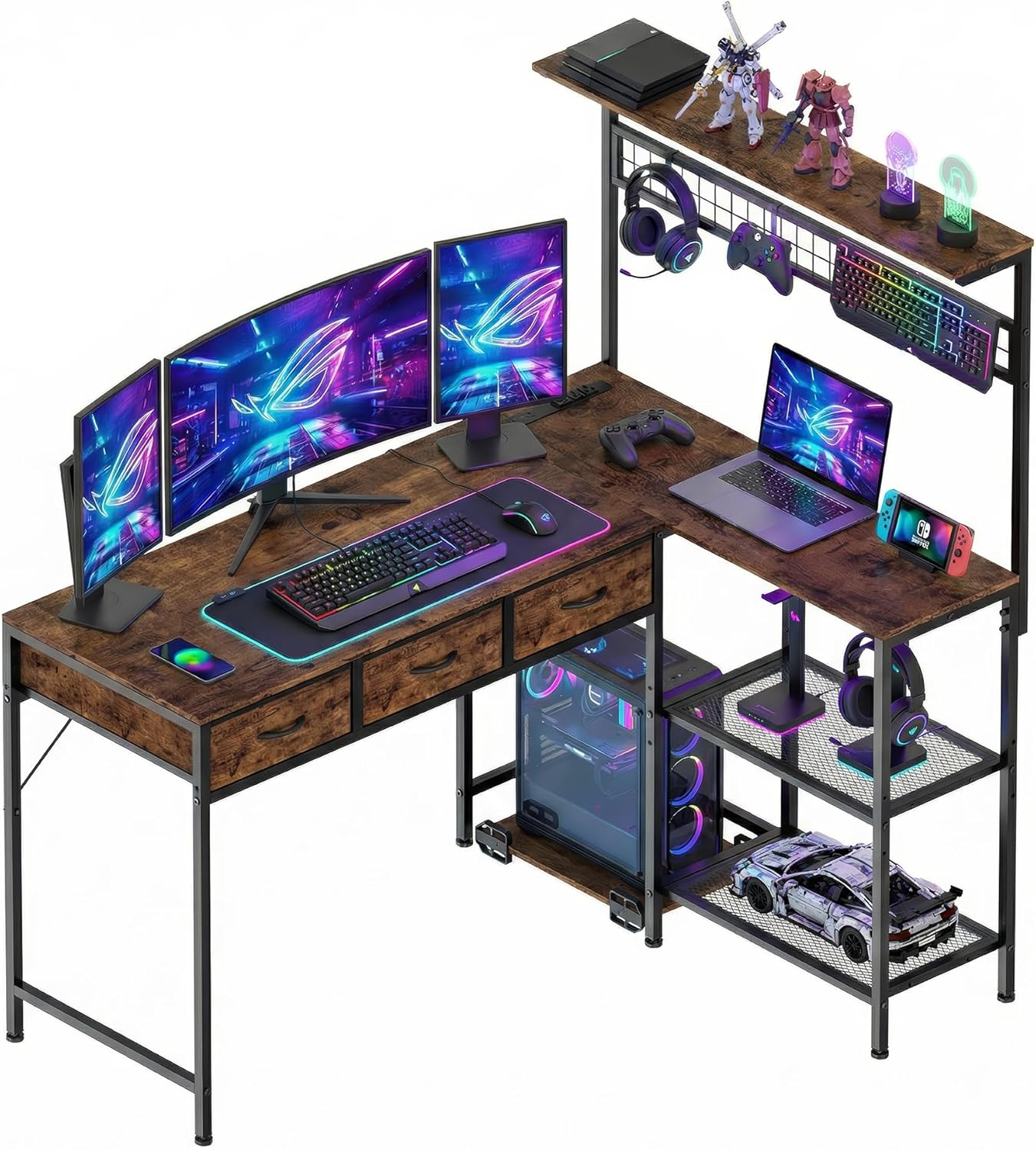L Shaped Desk with 3 Drawers and Storage Shelves, Reversible Computer Desk with Bookshelf for Home Office, Corner Computer Desk with LED Lights, Power Outlets and Storage Bad,with 3-Tier Storage Shelf
