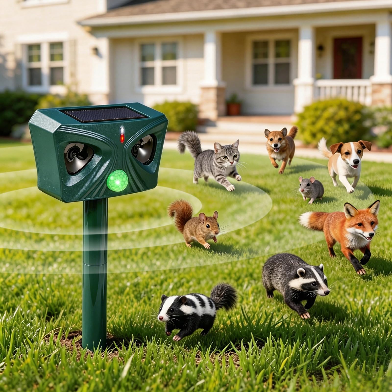 Cat Repellent for Gardens UK, Solar & USB Charging Ultrasonic Animal Deterrent with 5 Modes, LED Flash, PIR Motion Sensor, Waterproof Animal Scarer Fox Repellent for Cats Foxes Squirrels Rabbits Dogs