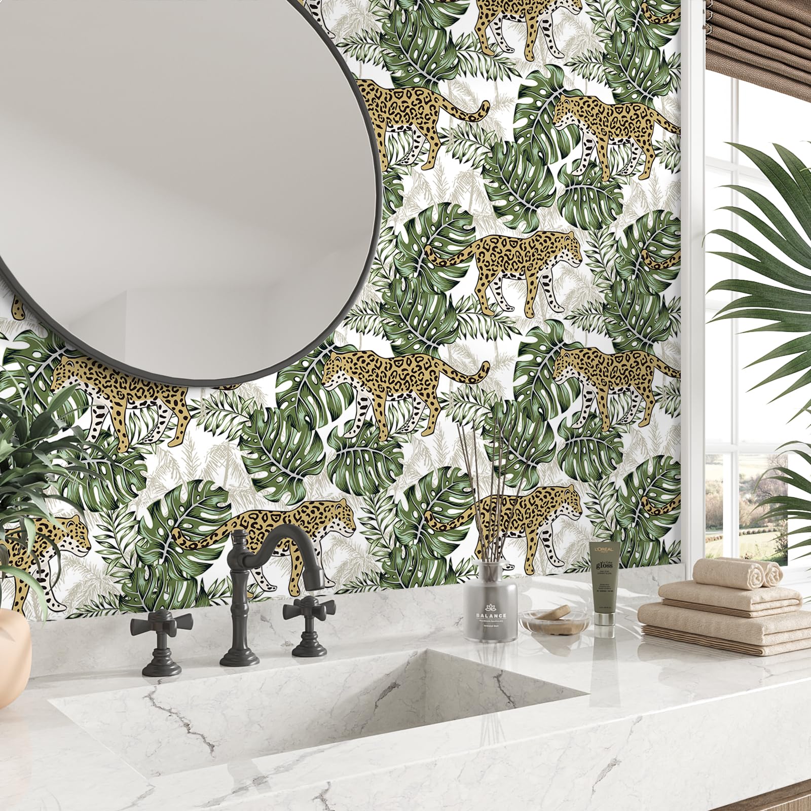 VEELIKE Exotic Tropical Wallpaper Jungle Cheetah Wallpaper Peel and Stick White Leopard Wall Paper for Bedroom Bathroom 44.5cmx300cm Monstera Leaf Contact Paper Removable Renter Friendly - Image 3