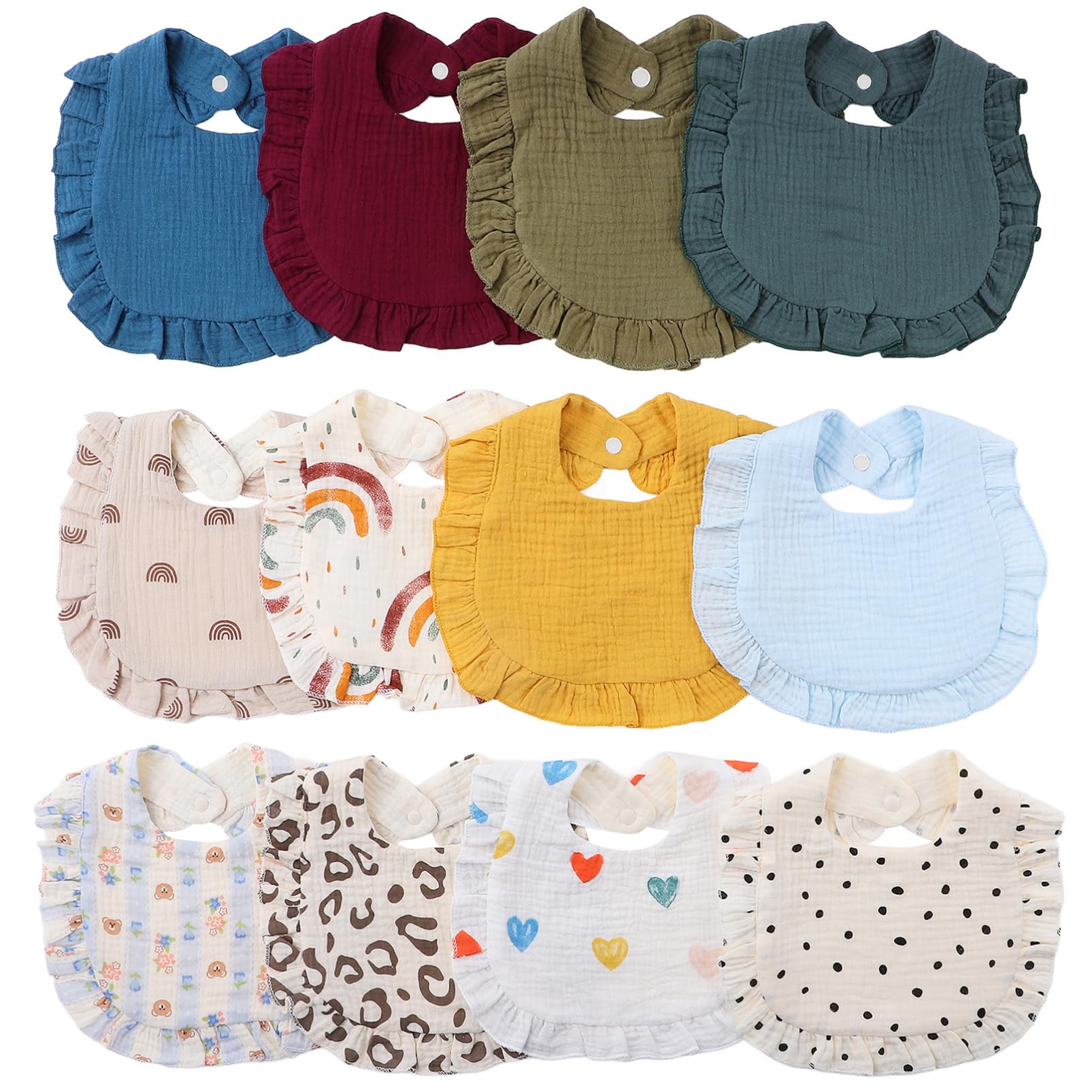 12pièces Bavoirs Pour Garçon Fille De Bavoirs Absorbants Unisexe Avec Bouton-pression Pour Éveil Et Repas Designs Colorés Et Adorables Pour Nourrissons