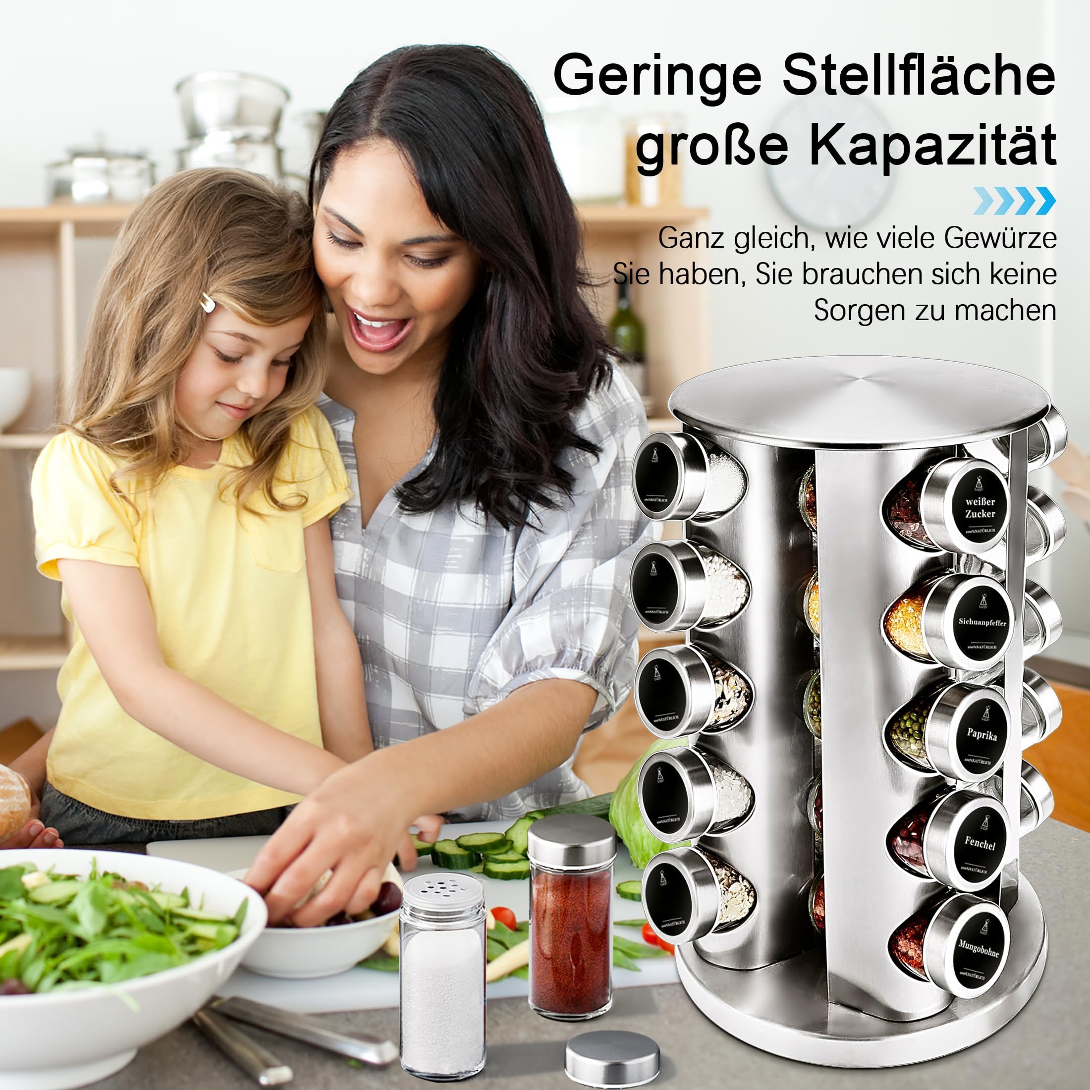Carosello portaspezie girevole, rotondo, a 5 ripiani, in acciaio inox, con 20 barattoli rotondi per spezie German Black Labels, barattoli per spezie con mensola, portaspezie