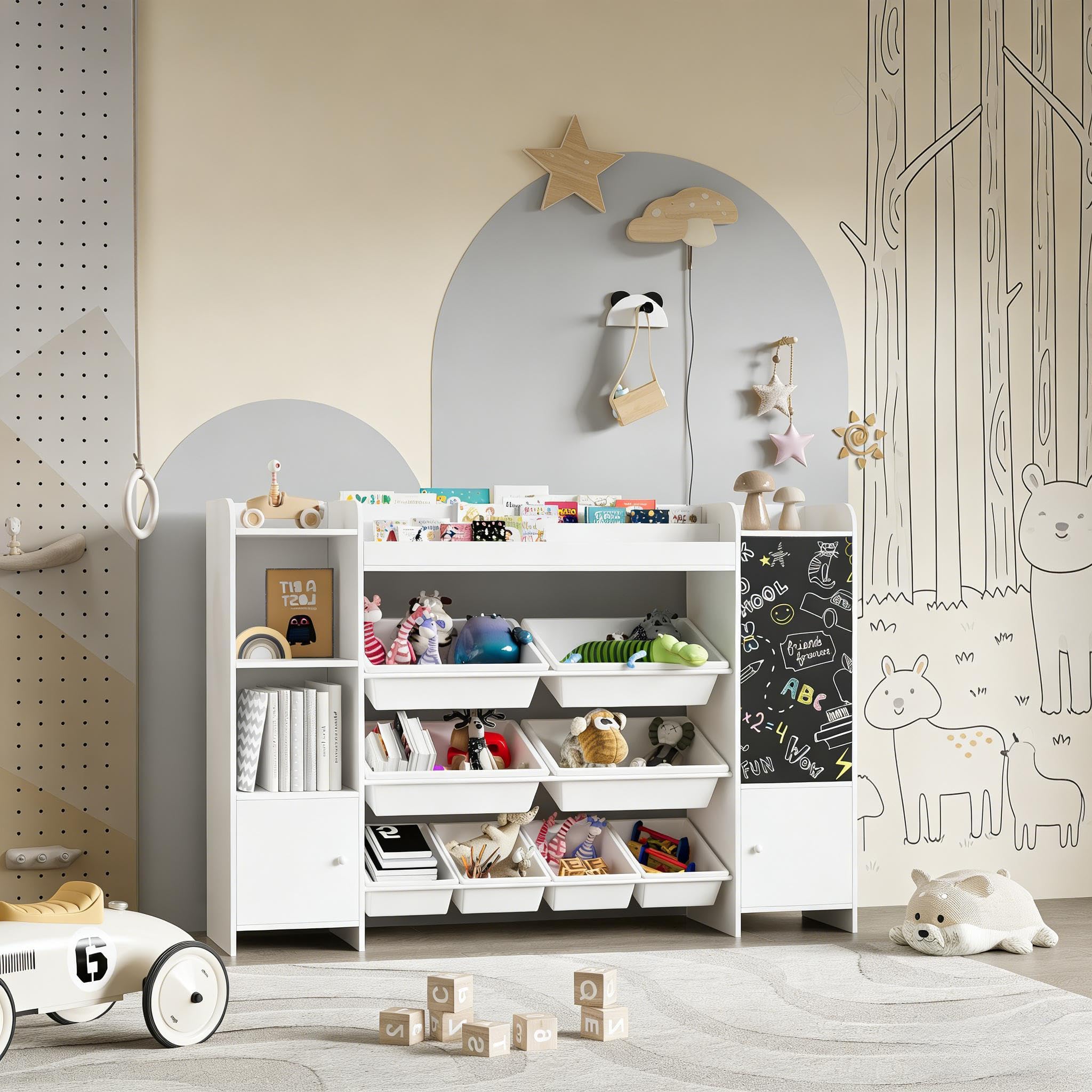 PerGar Bücherregal Kinder, Spielzeug-Organizer, Multifunktionale Ablage mit 8 Aufbewahrungsboxen, mit Tafel, Aufbewahrung von Büchern & Spielzeug im Kinderzimmer, Weiß, 137×94.5×30cm