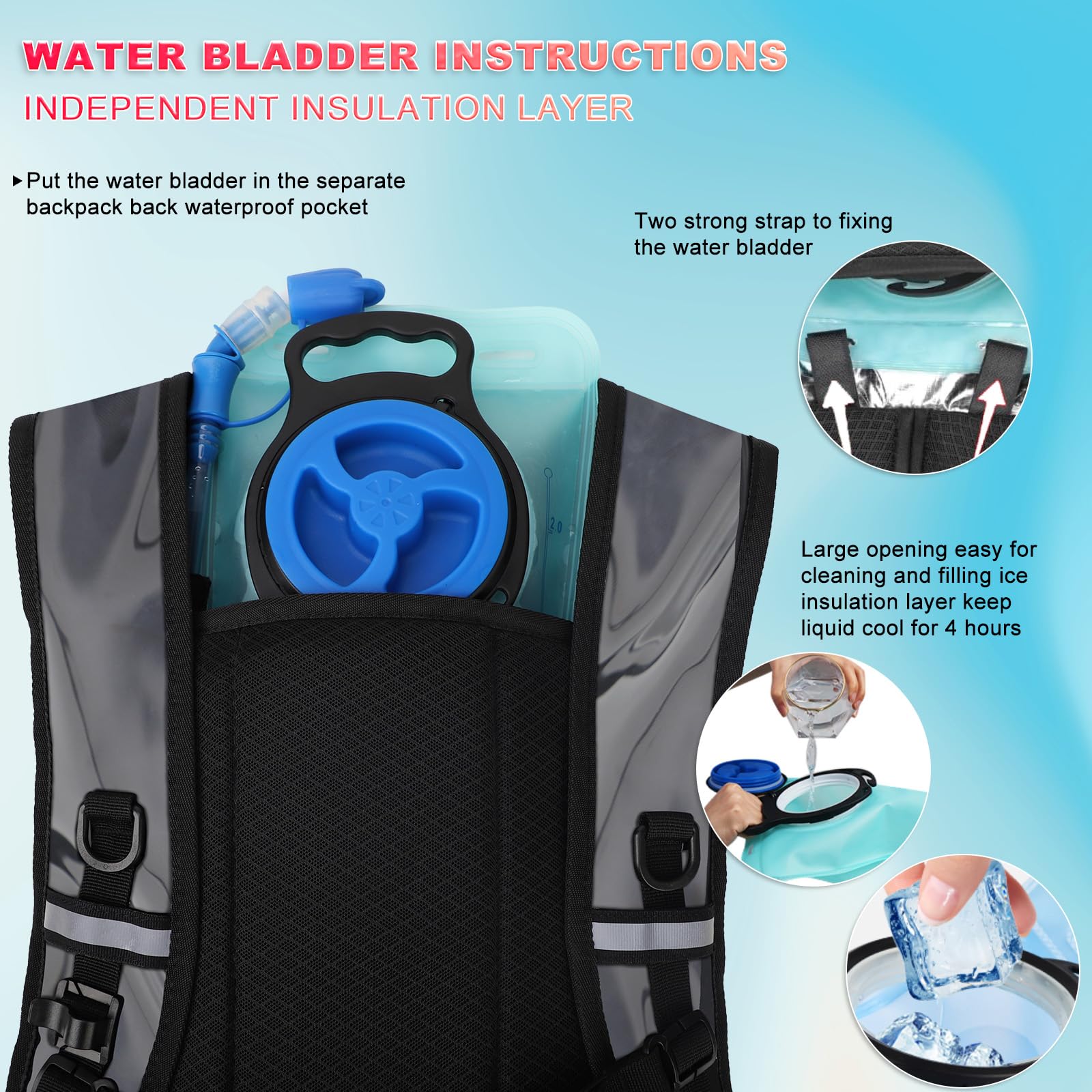 Mochila de hidratación, mochila de agua con bolsa de hidratación de 2 L, mochila de agua rave, mochila de hidratación de aislamiento ligero para senderismo, correr, ciclismo, equipo de