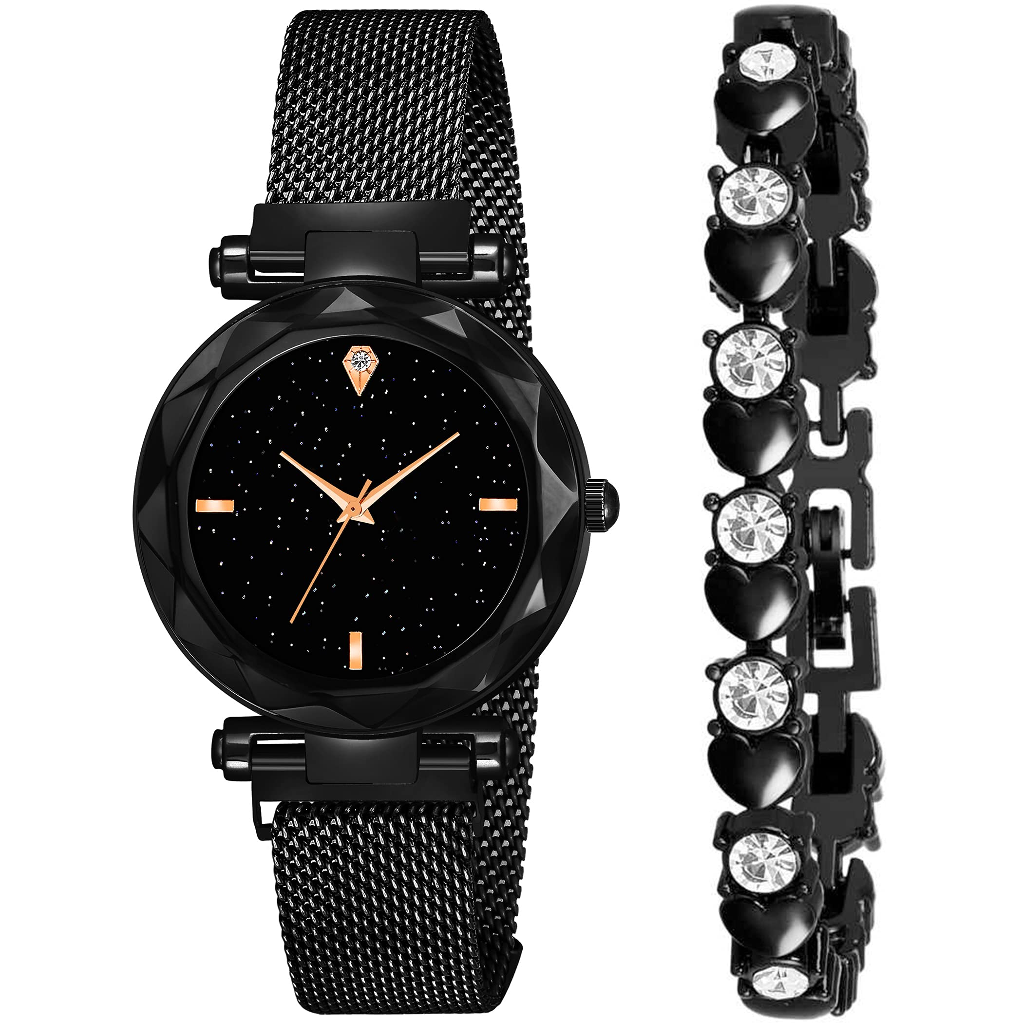 FROZIL Analog Black Dial Magnetic Watch with Heart Black Bracelet for Girls & Women Watch for Girl or Women (B0927T3S8G) Amazon Price History, Amazon Price Tracker