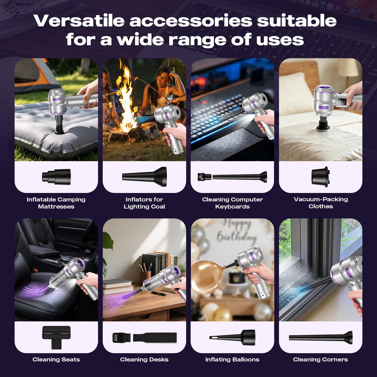 SLOKSFil Handstaubsauger Akku 4-in-1, 28000Pa/100W, 3-Gang 240000 U/min Elektrische Staubgebläse Druckluftspray LCD Display, 6000mAh für Auto,Küche,PC,Sofa,Büro,Haus& Tierhaar Reinigung