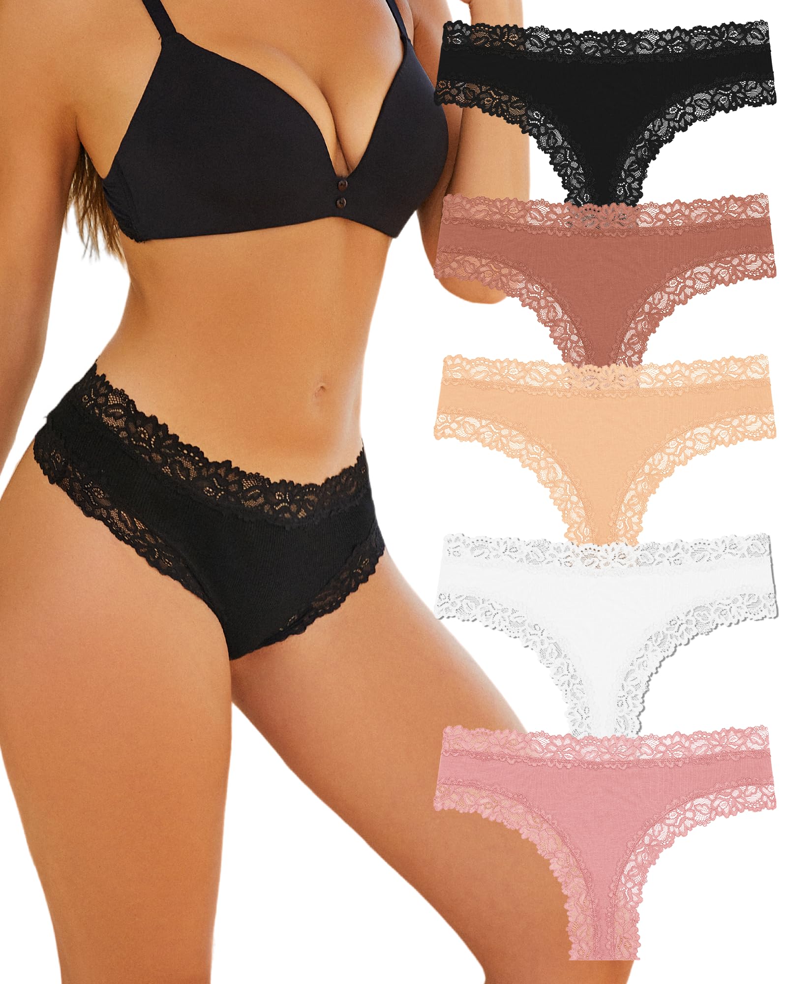 ALL OF SHE Mutande Brasiliana Donna Cotone Slip Pizzo Set Mutandine a Vita Bassa Intimo Seducente Culotte Underwear Pacco da 5