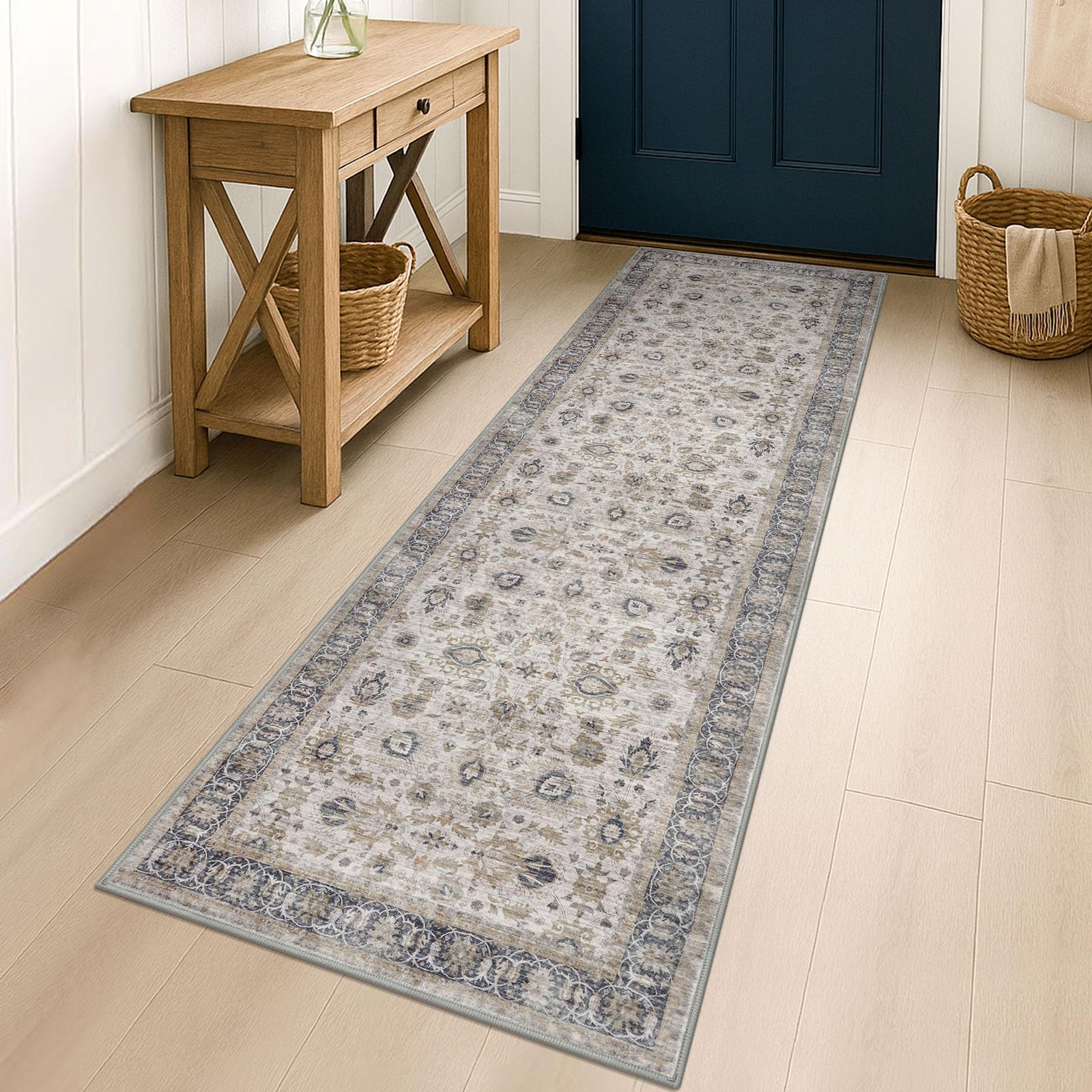KOZYFLY Vintage Washable Rug Runner 2x7 Grey Floral — image 1