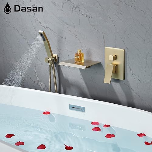 Miniatura 6 de DASAN - Grifo de llenado de bañera de montaje en pared mejorado con ducha de mano, grifo de bañera moderno montado en la pared, dorado cepillado,