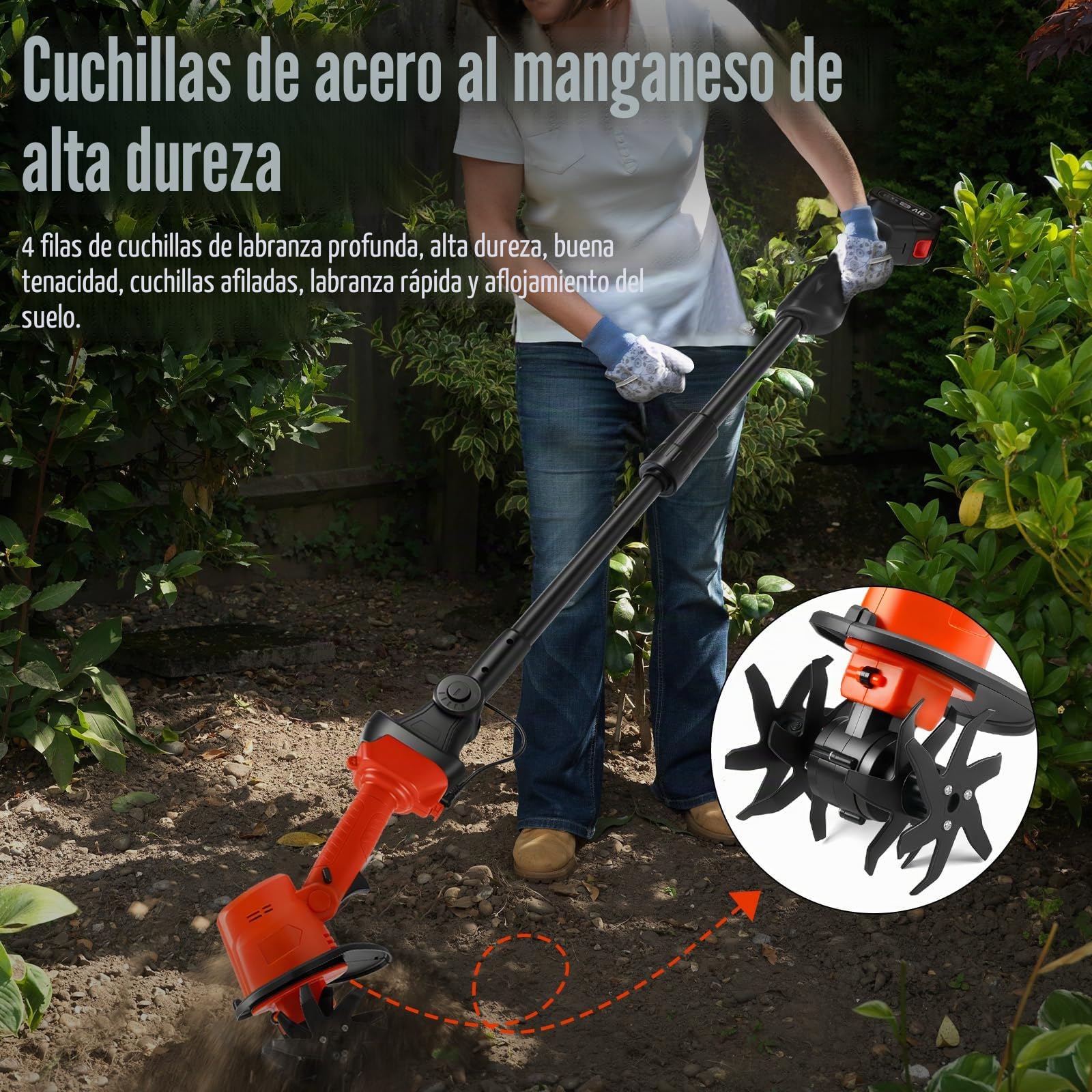 Cultivador de Mano a Batería para Makita 18V (sin Batería) (Barra 1,3 m) | 550W, Rotavator de Jardín, Profundidad de Fresado 10 cm, Ancho 10 cm, Azada