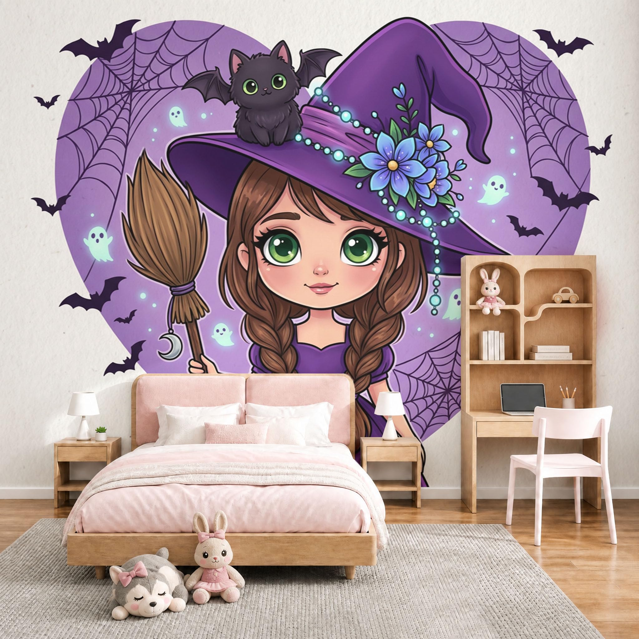 Fresque Panoramique Violette de Petite Sorcière pour Transformer le Salon et la Chambre en Conte