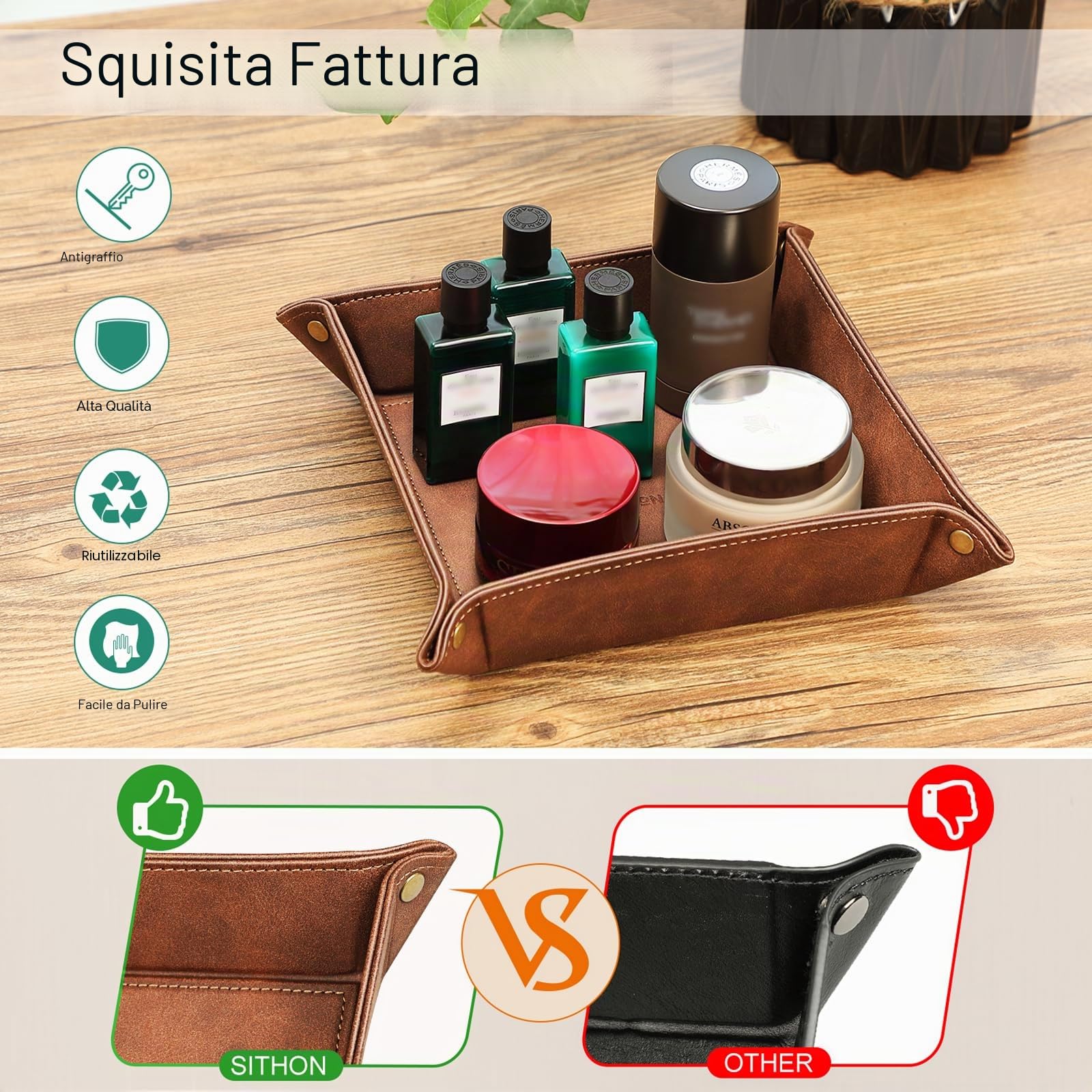 SITHON Vassoio Portaoggetti in PU Pelle, Contenitore Svuotatasche Organizzatore da Comodino Scrivania per Gioielli, Telecomando, Chiavi, Telefono, Portafoglio, Monete, Marron