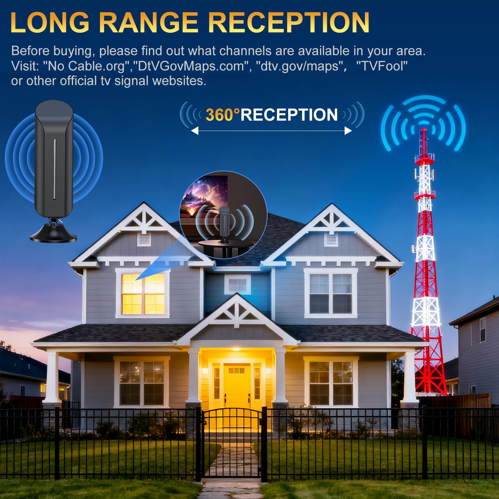 Antenne TV d'intérieur 2026 pour Smart TV pour réception longue portée et tous les téléviseurs intelligents Antenne numérique HD avec amplificateur de signal pour chaînes locales Prend en charge 4K