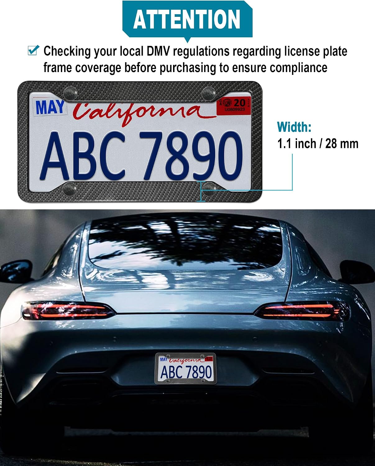 Carbon Fiber License Plate Frames- 2 Pack Black Aluminum Car Tag Holder, with Mount Screws Caps, Rattle Proof Pads, Reflective Stickers, Universal Fit for Front/Rear