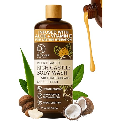 Dr. Jacobs Naturals Pure Castile Soap Liquid Body Wash, Shea Butter - Plant Based Soap Infused with Vitamin E and Aloe Vera to Moisturize Dry and Sensitive Skin - Made in the USA - 32 oz, Pack of 1