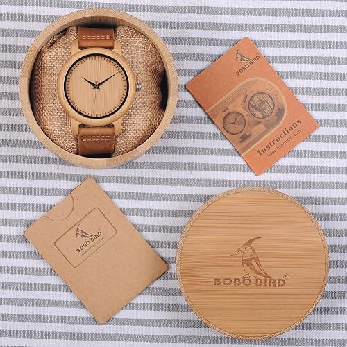 Miniatura 2 de BOBO BIRD Mens Womens Bamboo Wooden Watch with Brown Cowhide Leather Strap Analog Quartz Casual Watches