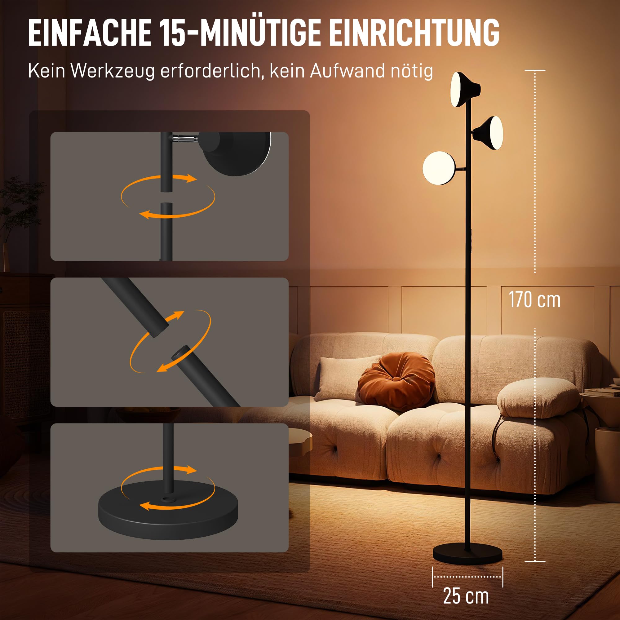 HOMCOM Stehlampe Wohnzimmer Dimmbar mit Leselampe 4150lm 2700K–6000K | Stehleuchte RGB Farbwechsel, mit Fernbedienung, Touch-Steuerung, 3 Drehbare Köpfe, Standleuchte für Schlafzimmer