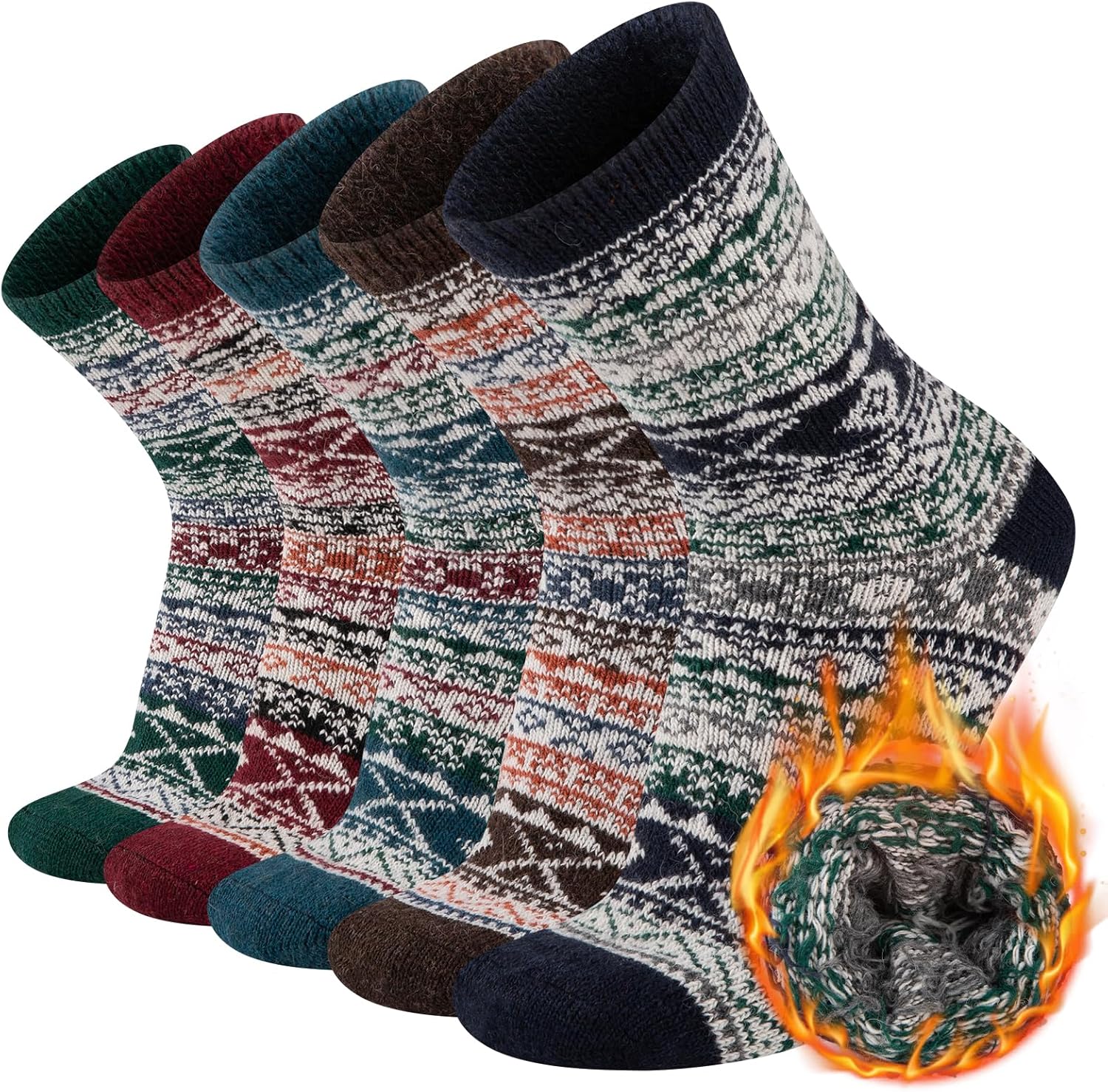 COOVAN Mens Warm Wool Socks Thermal Winter Thick Crew Socks Cold Weather Soft Cozy 5 Pairs