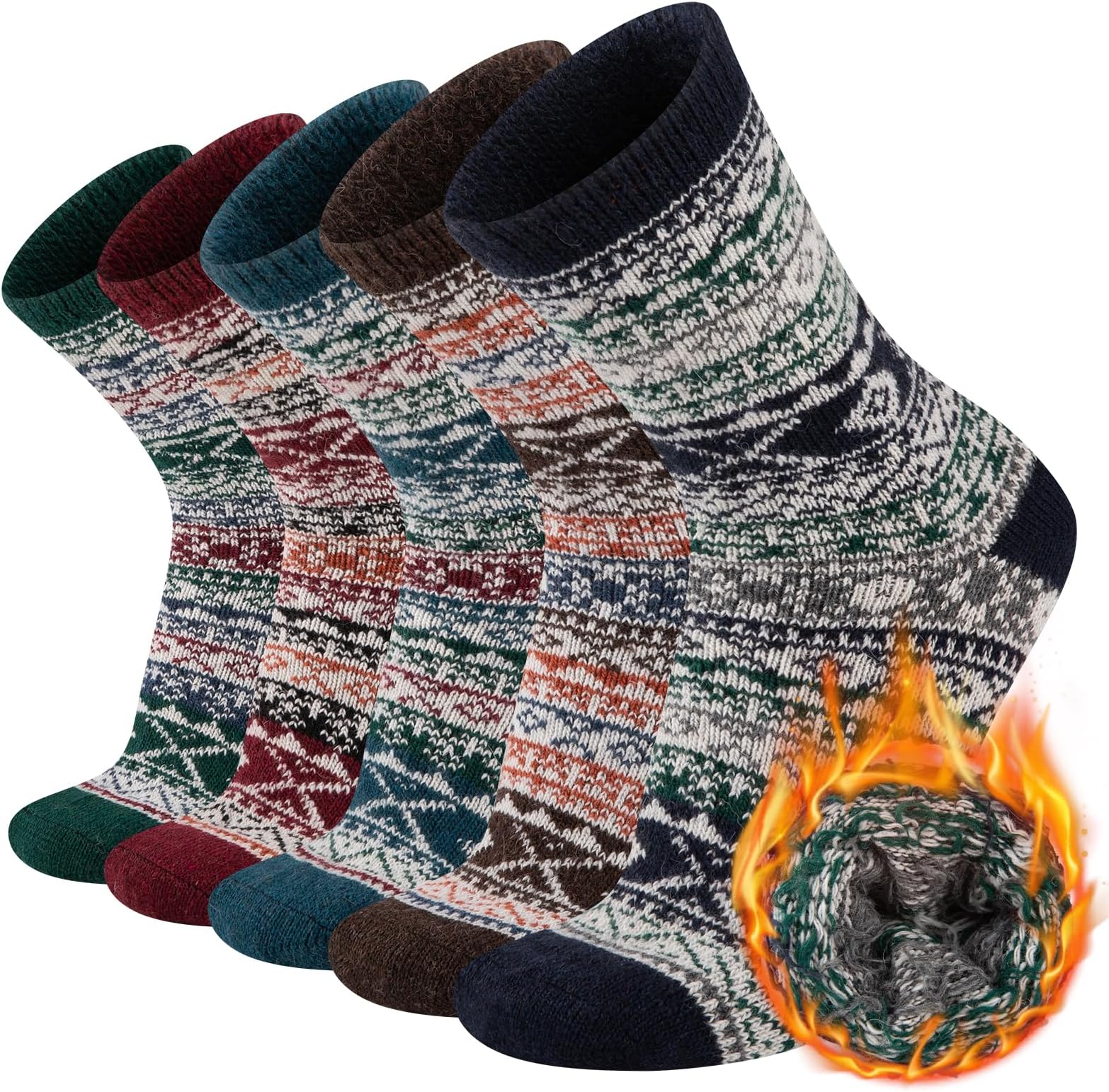 Mens Warm Wool Socks Thermal Winter Thick Crew Socks Cold Weather Soft Cozy 5 Pairs