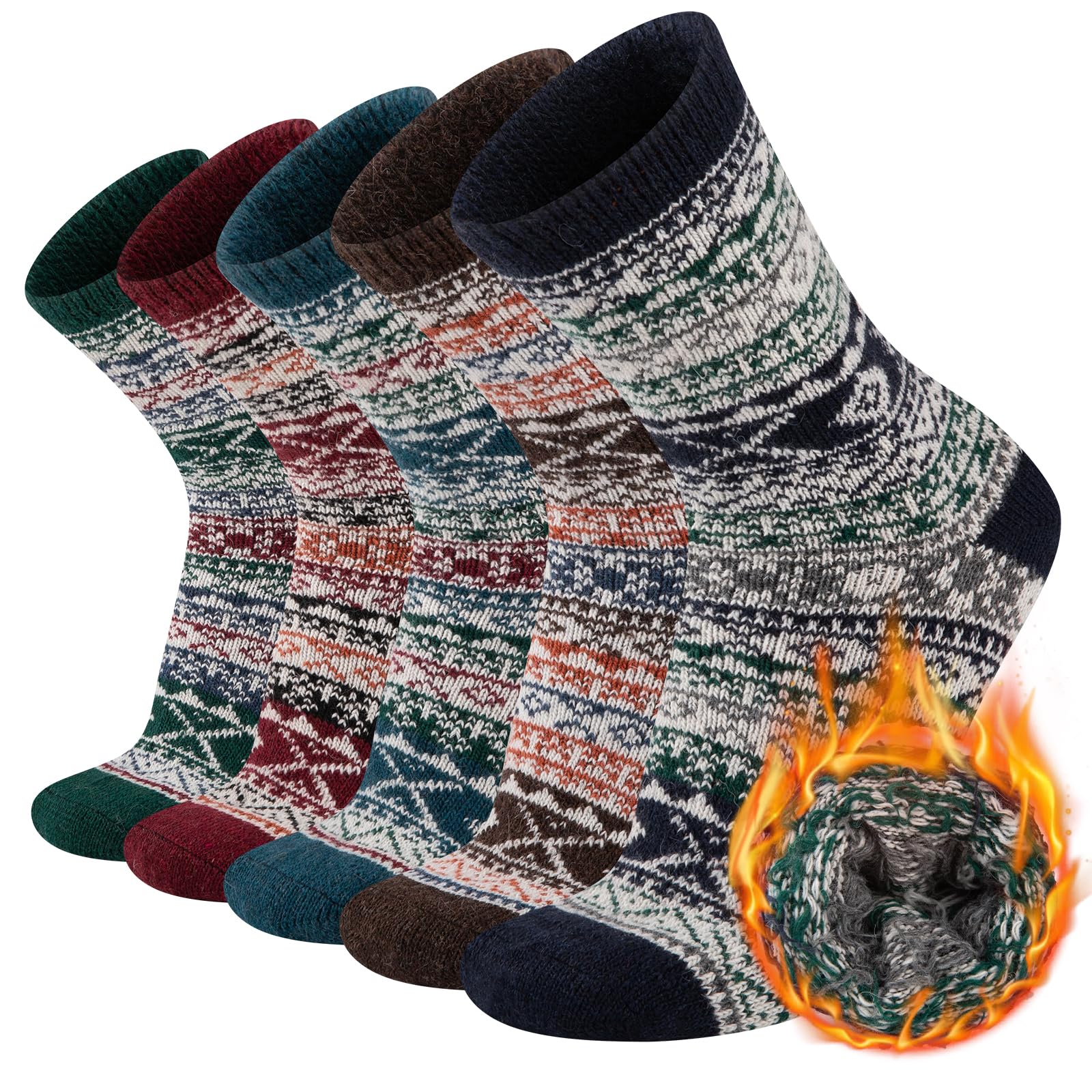 COOVAN Mens Warm Wool Socks Thermal Winter Thick Crew Socks Cold Weather Soft Cozy 5 Pairs