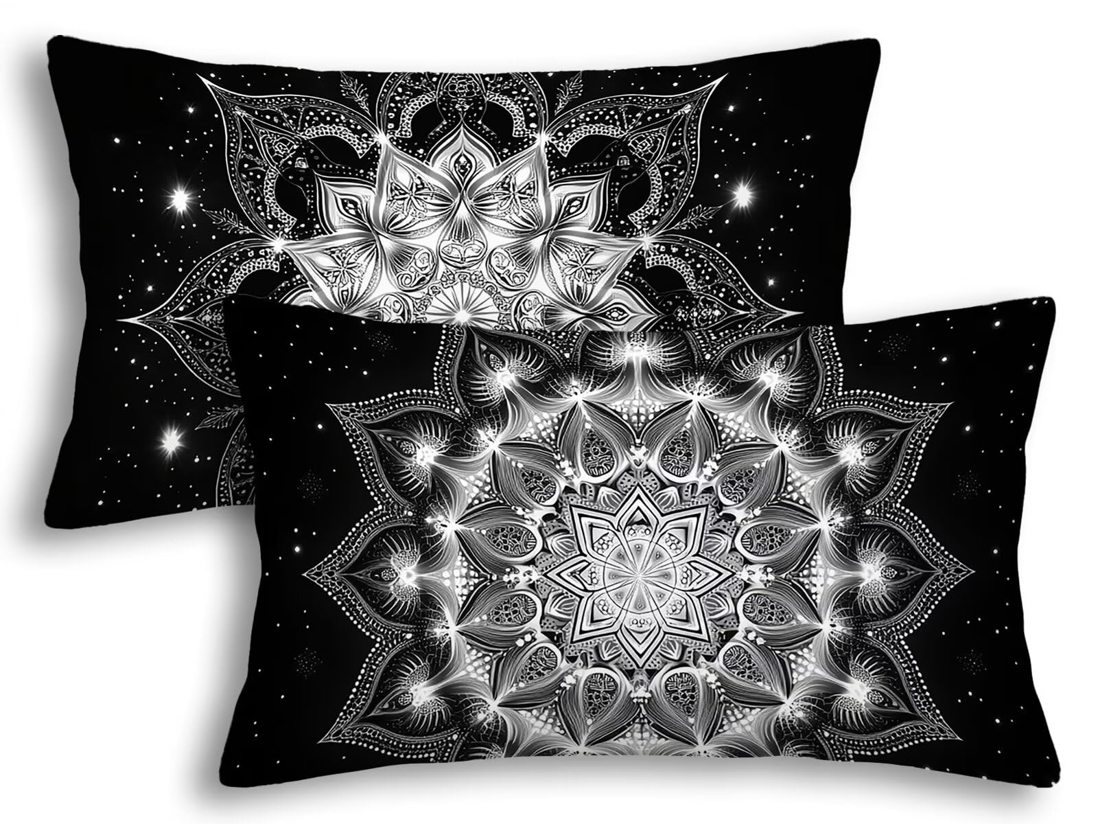 Taie oreiller 40x80 noir housse coussin mandala rectangulaire décoratif canapé maison salon
