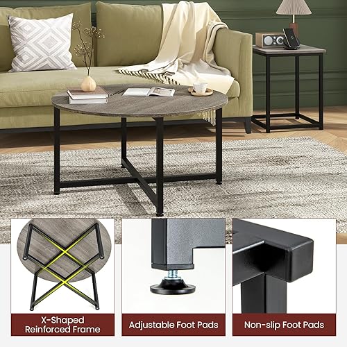 Miniatura 5 de Giantex Juego de 3 mesas redondas anidables, mesa auxiliar de granja con 2 mesas auxiliares, marco de metal resistente, juego de mesa de madera de 3