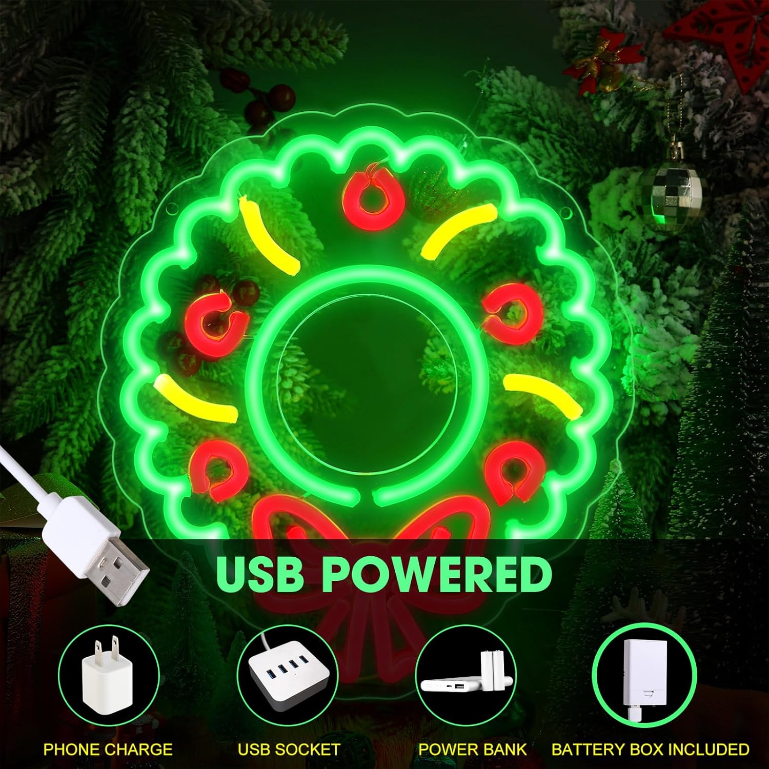 Christmas Neon Sign Dimmable Christmas LED Neon Light Wreath USB Powerd Neon Christmas Light Sign for Xmas Indoor Club Bar Pub Bedroom Art Wall Wedding Party Decor