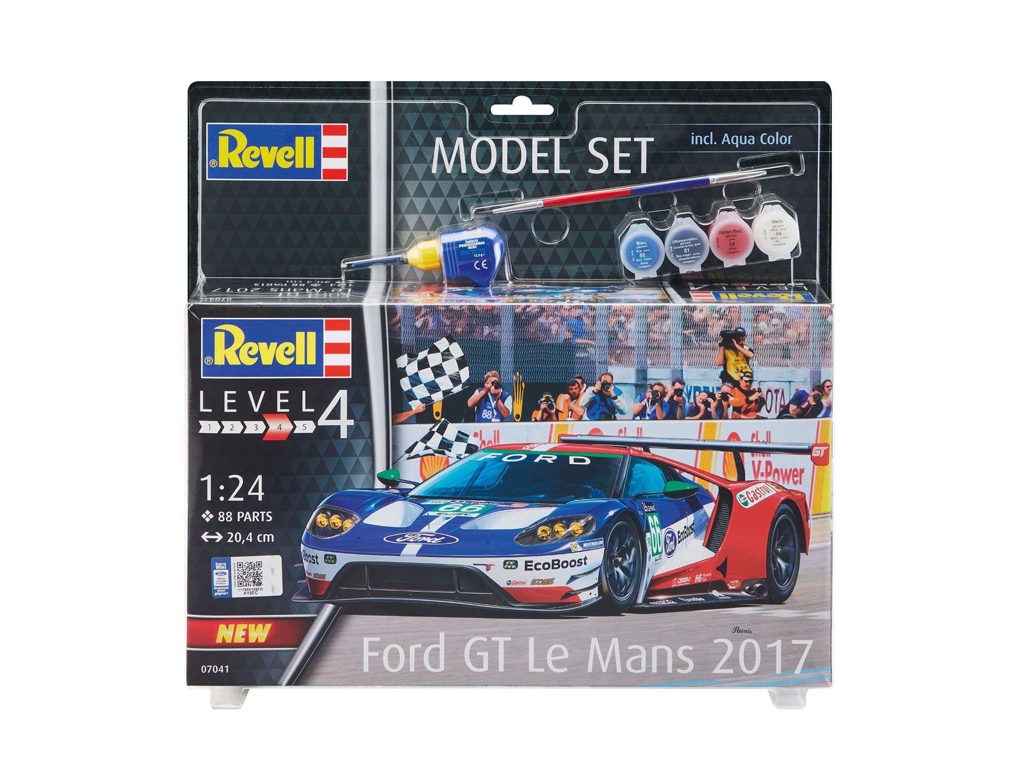 Revell REV-67041 Model Set Ford GT Le Mans 2017 do samodzielnego montażu, zestaw modeli samochodowych 1:24, 20,4 cm zestaw modelarski + akcesoria, nielakierowane