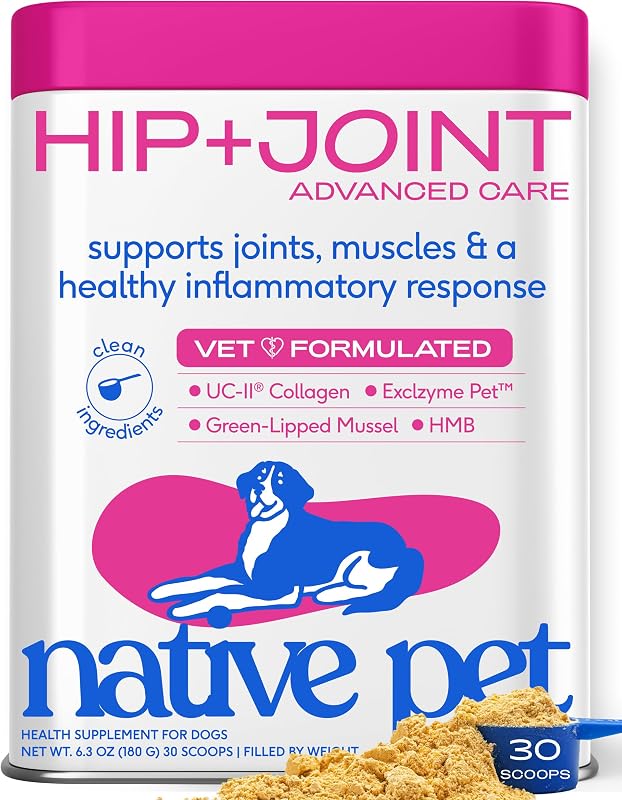 Suplemento em Pó para Quadril e Articulações de Cães Native Pet com HMB, Colágeno UC-II, Mexilhão de Lábios Verdes e Ácido Hialurônico – 30 Medidas